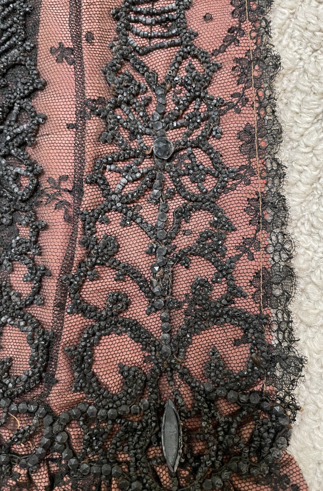 Antique 1800s 1900s Victorian Cape Pink & Black Chantilly Lace Beaded Ruffles OS