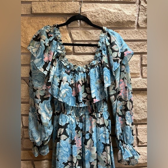 Vintage 1970’s Candi Jones Floral Ruffle Long Sleeve Maxi Dress Blue Large
