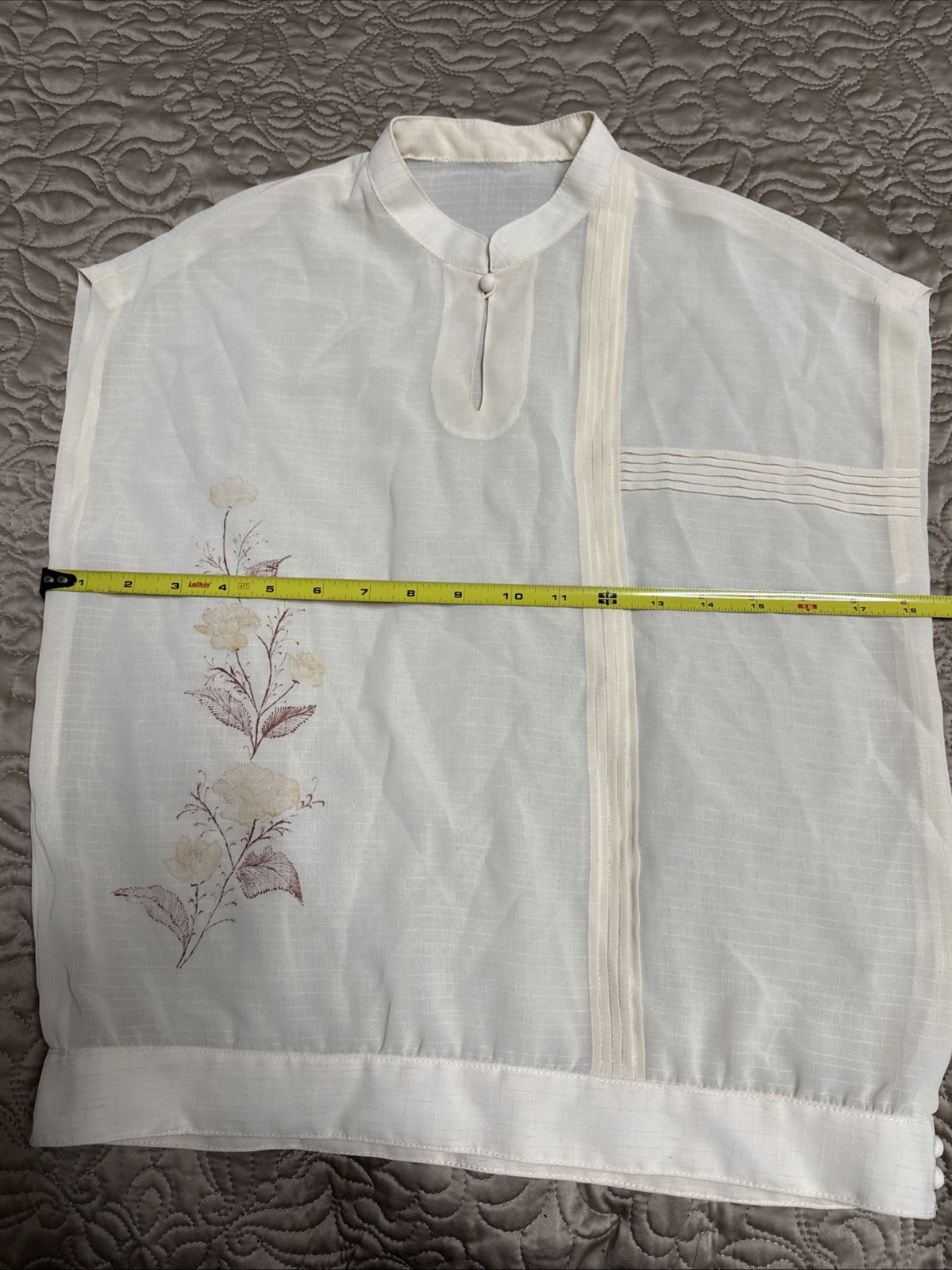 Vintage Hand-Sewn Sheer Blouse Mandarin Collar Floral Motif Artisan Made S/M