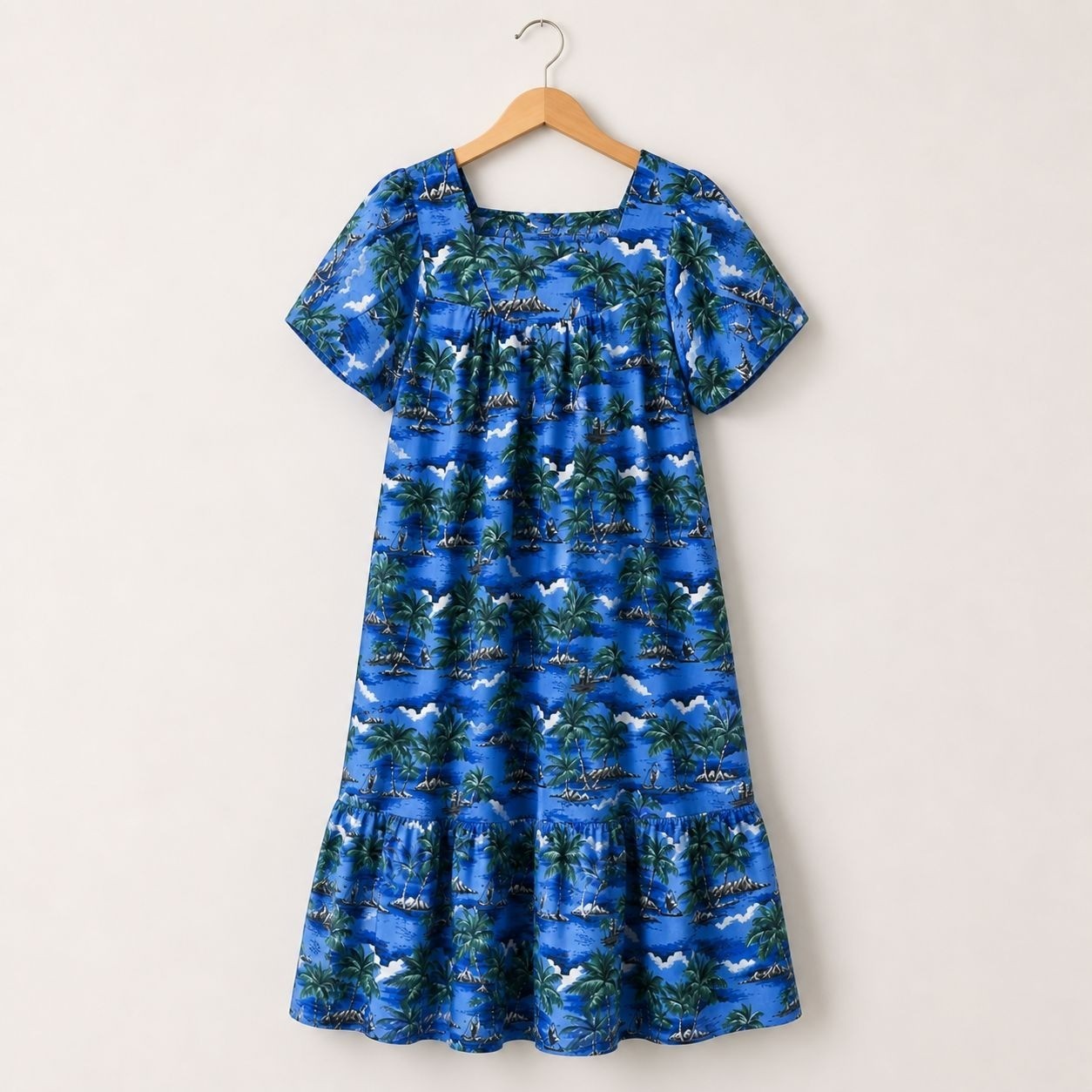Vintage Evergreen Island Hawaii Tropical Dress Blue Palm Print Ruffle M Luau