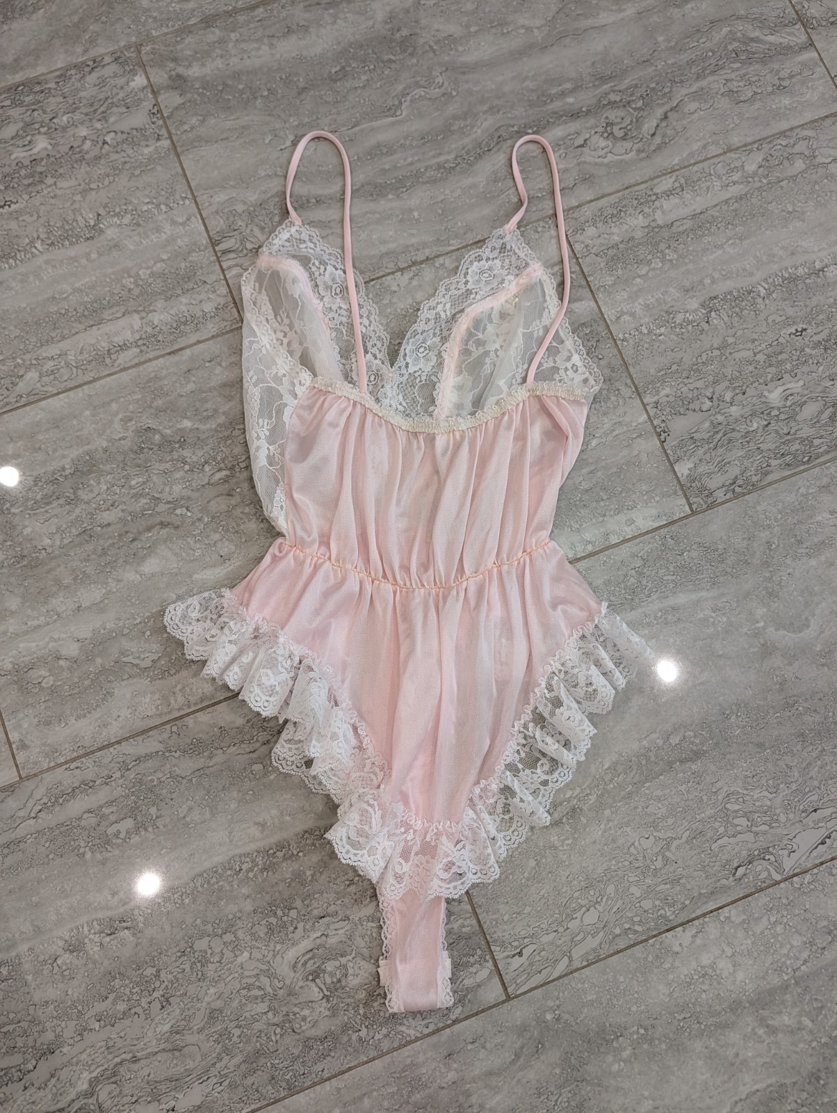 Vintage Pink Lace High Cut Teddy Bodysuit Size Large Sheer Nylon Floral Lingerie