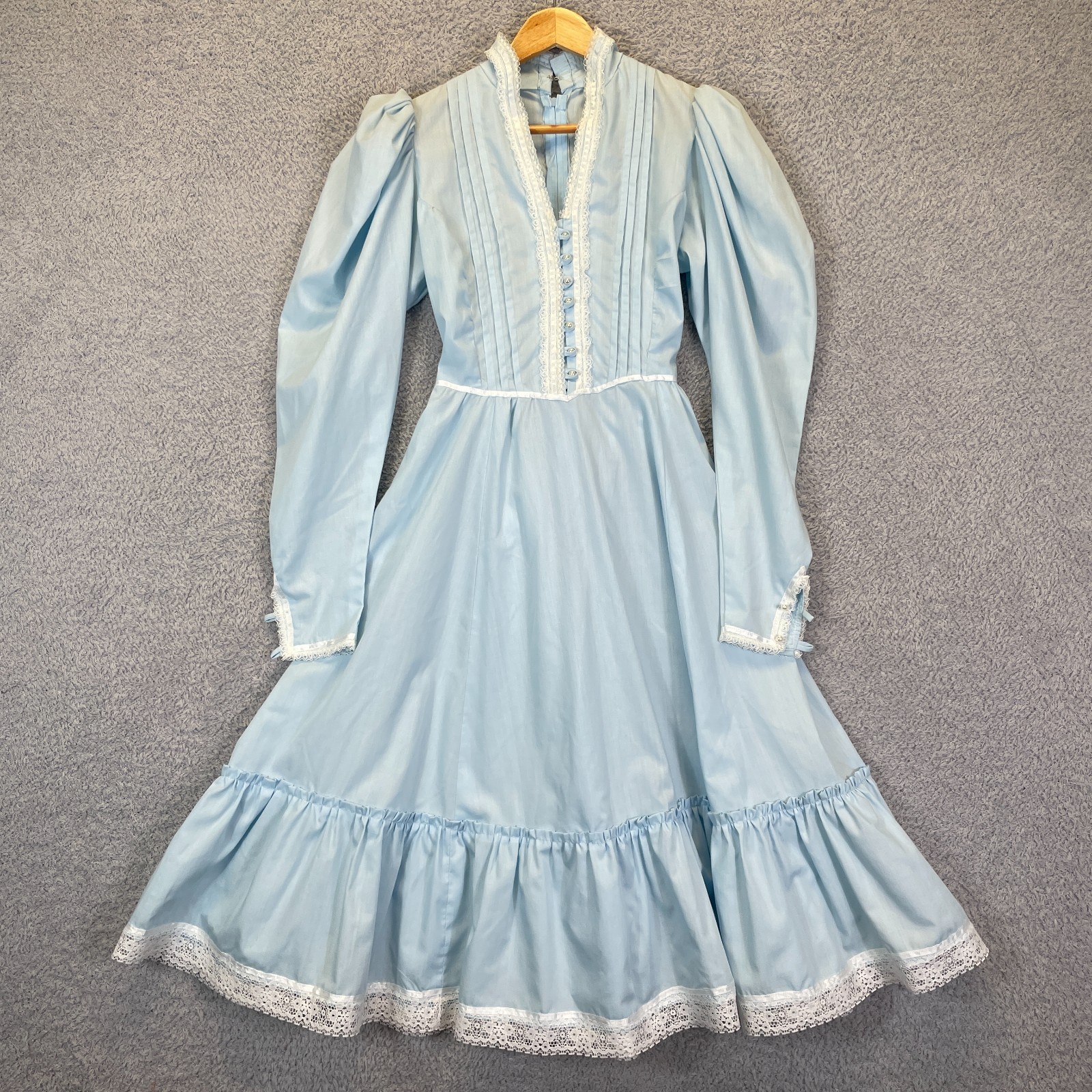 Vintage 70s Prairie Dress Blue Lace Pintuck High Neck Cottagecore Gunne Style XS