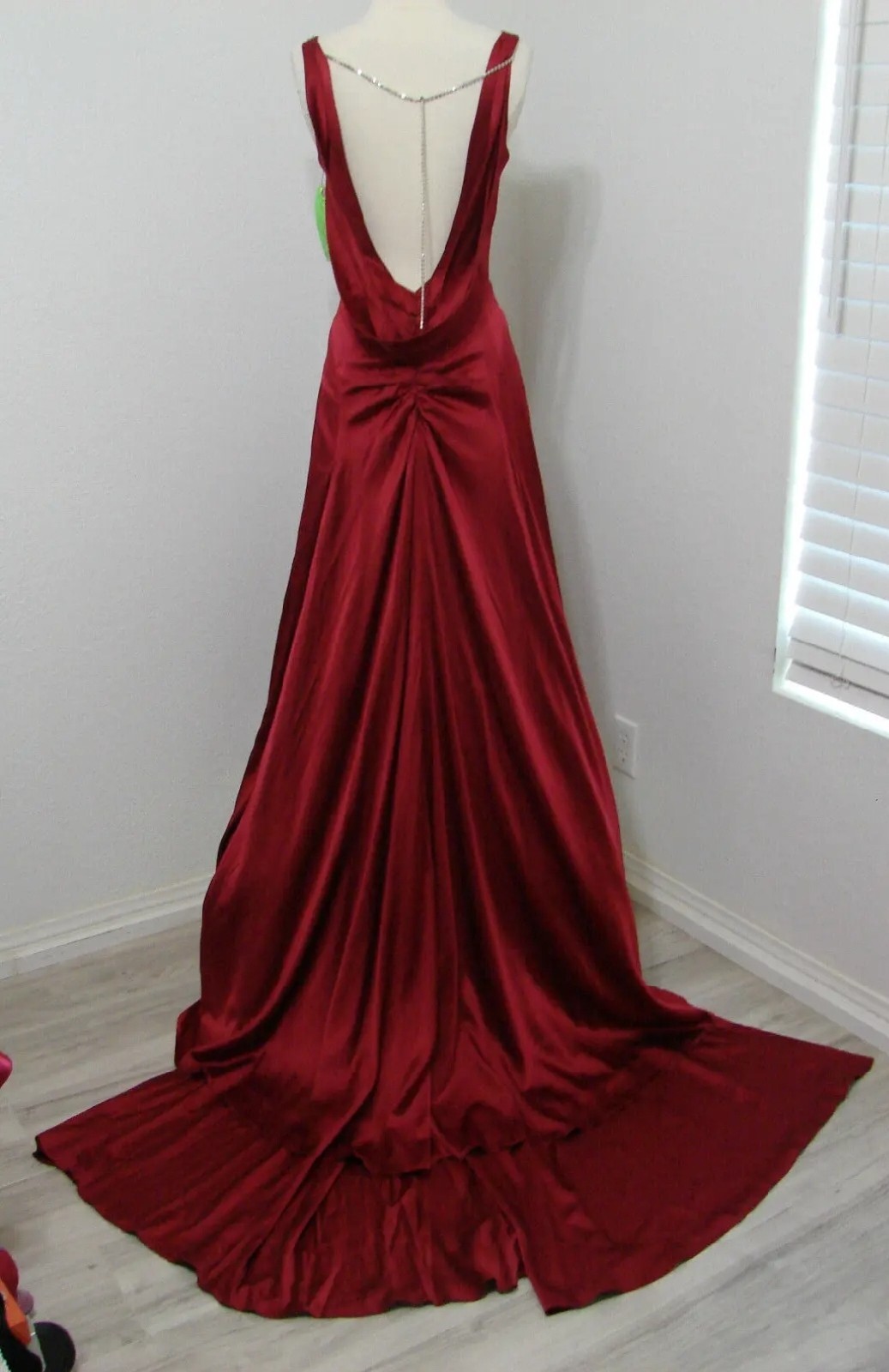 Vintage Cherry Red Bias Cut Low Back Crystal Ruched Formal Gown Huge Train
