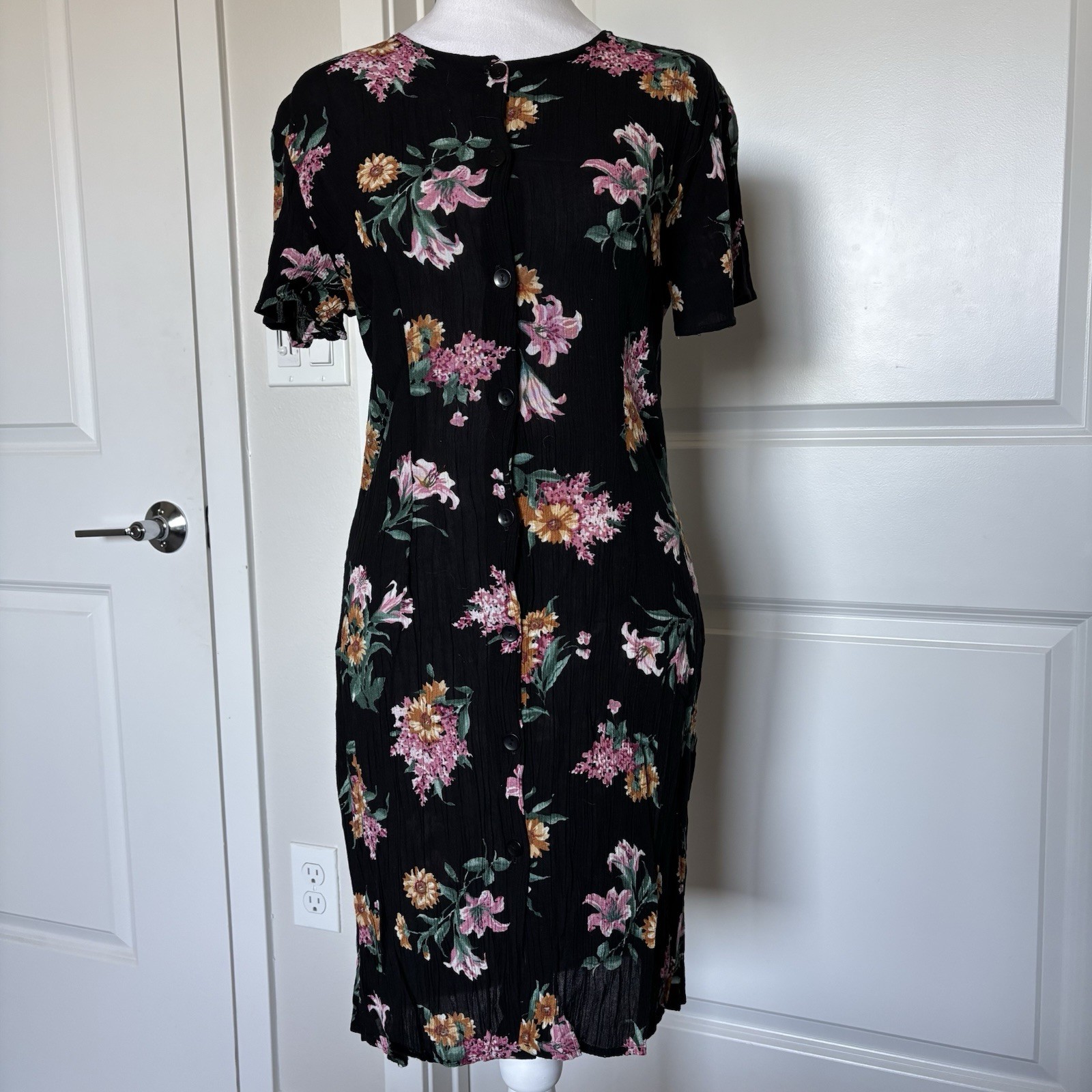 Vintage 90s Black Floral T-Shirt Dress with buttons size Small Mic-Mac