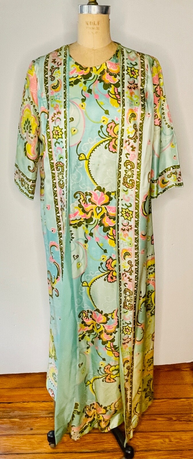 VTG DIANA DEAN JULIUS LONSCHEIN BLUE PINK FLORAL PRINT CAFTAN MAXI ROBE DRESS*M