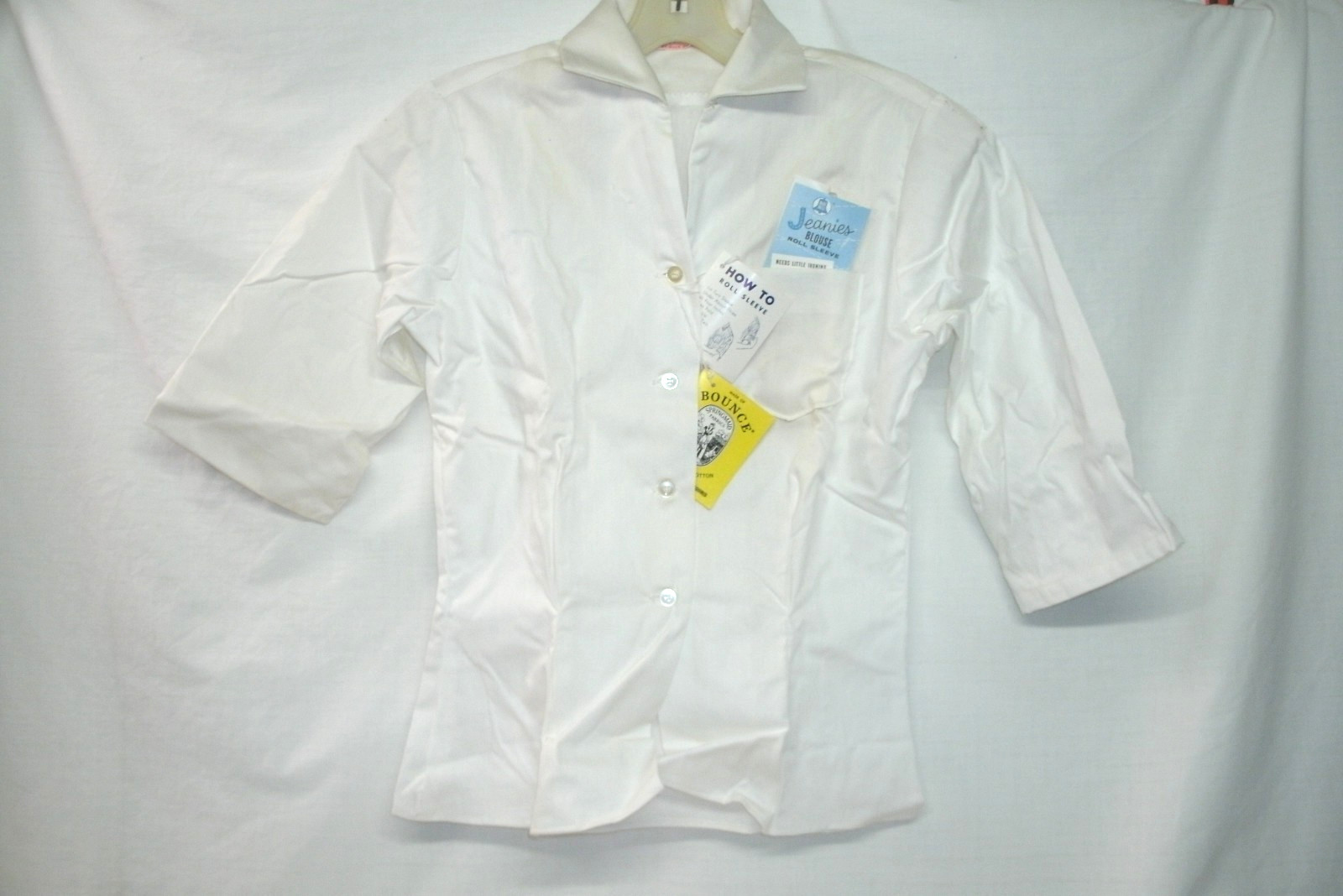 1960’s Ladies Blouse-Roll Sleve *Jeanies -Blue Bell Label -Sz 30-White–NOS/Vtg