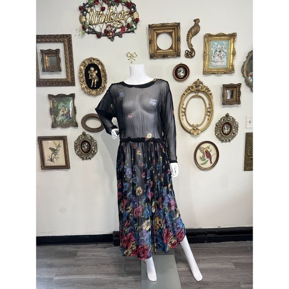 Together! Vintage Sheer Floral Long Sleeve Elastic Waist Maxi Dress Size 6 S