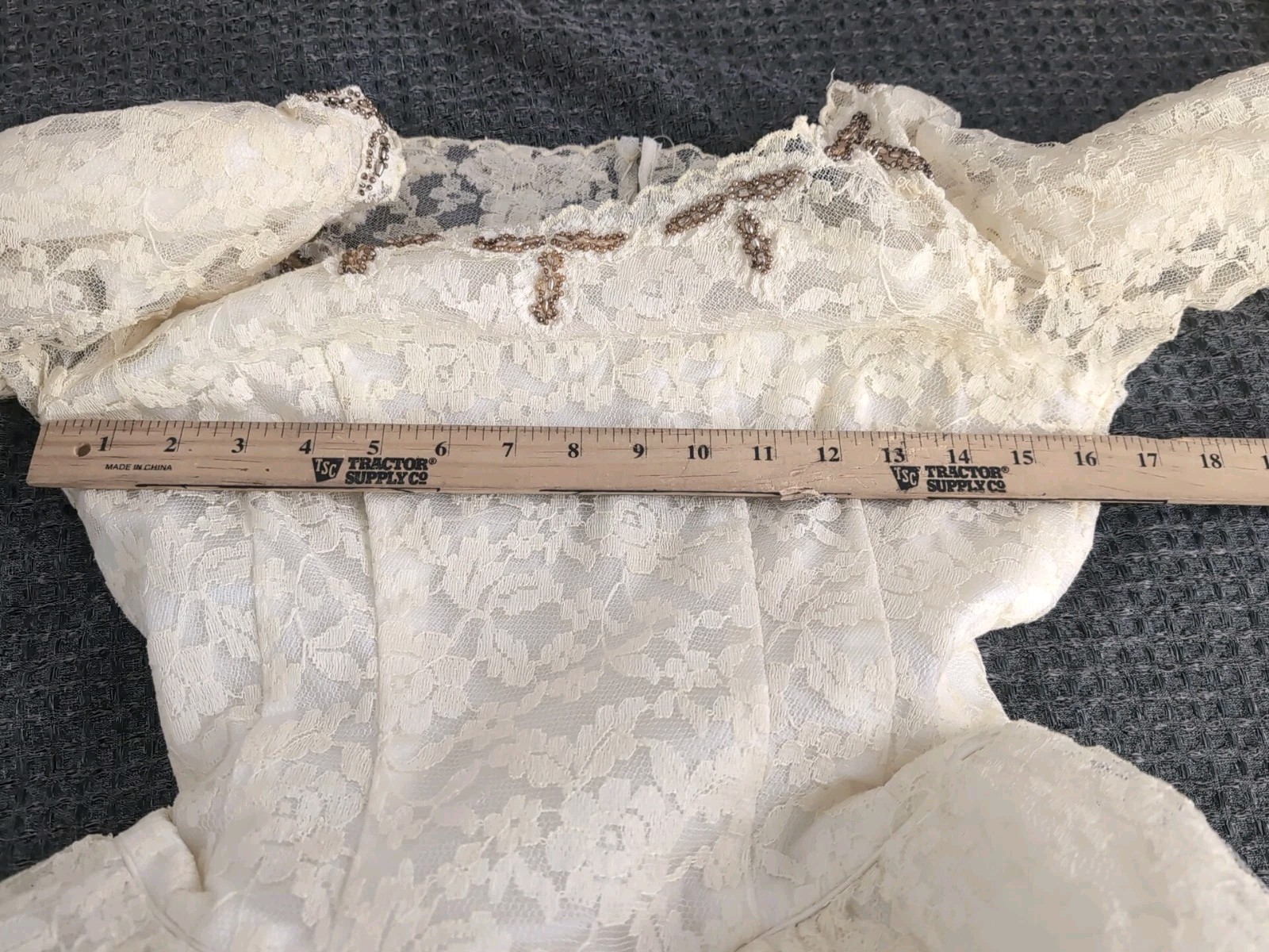 50’s Lace & Pleated Tulle Long Sleeved Princess Prairie Wedding Dress Beads