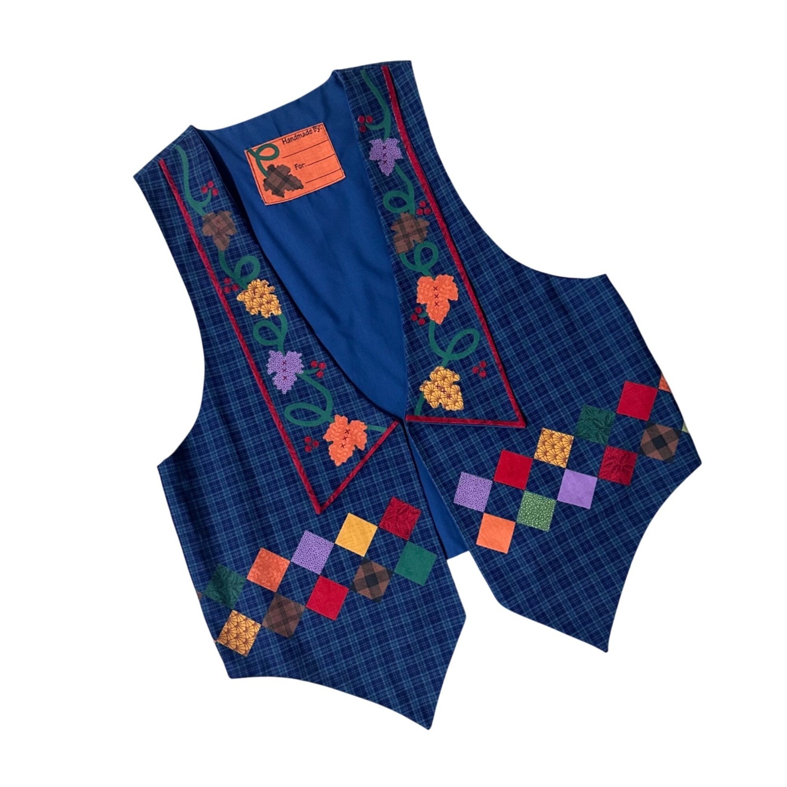 Vintage Blue Plaid Vest Fall Pumpkin Harvest Fruit Patchwork Style Handmade 90s