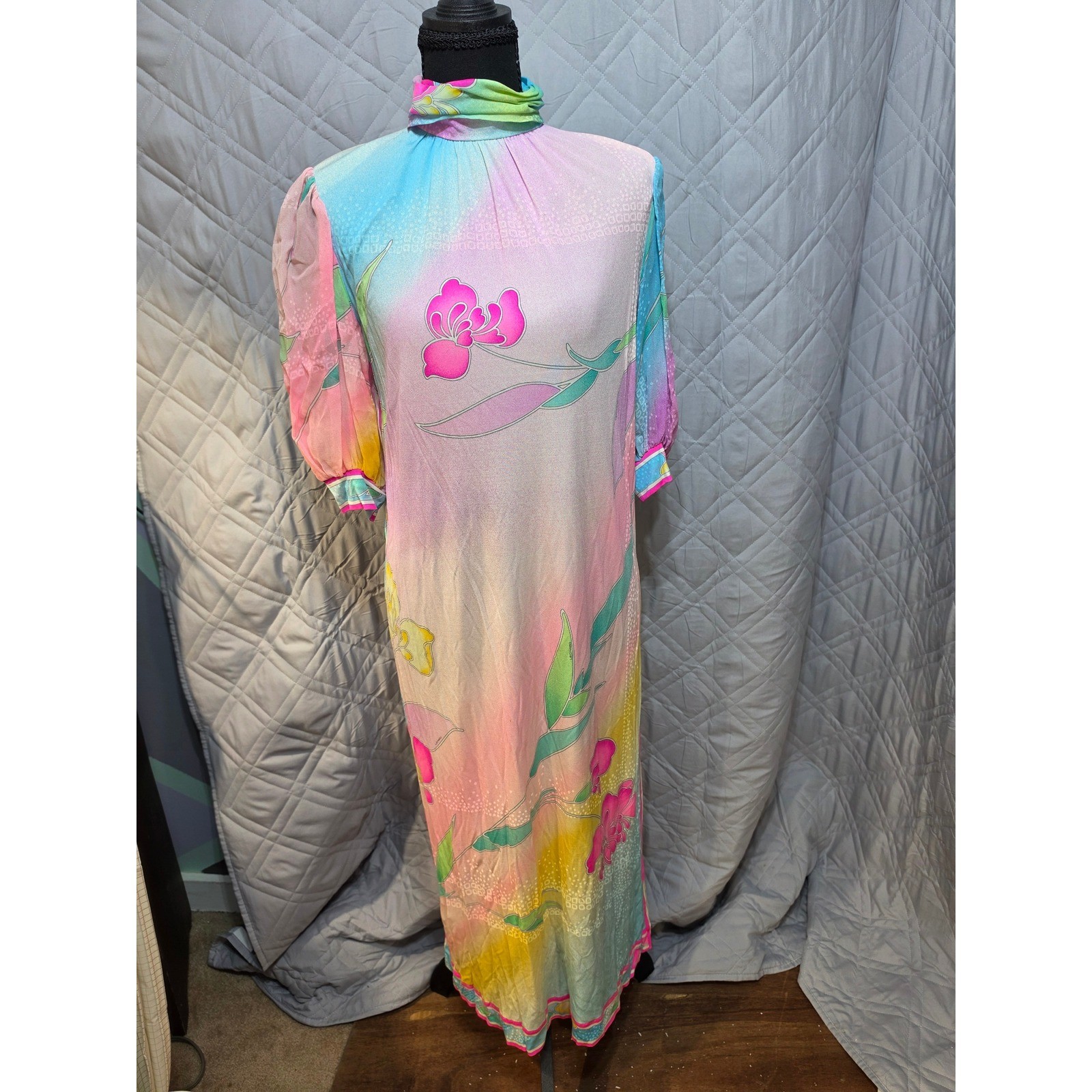 Vintage 70s Leonard Paris Silk Jersey Mikado Floral Maxi Dress Pastel Watercolor