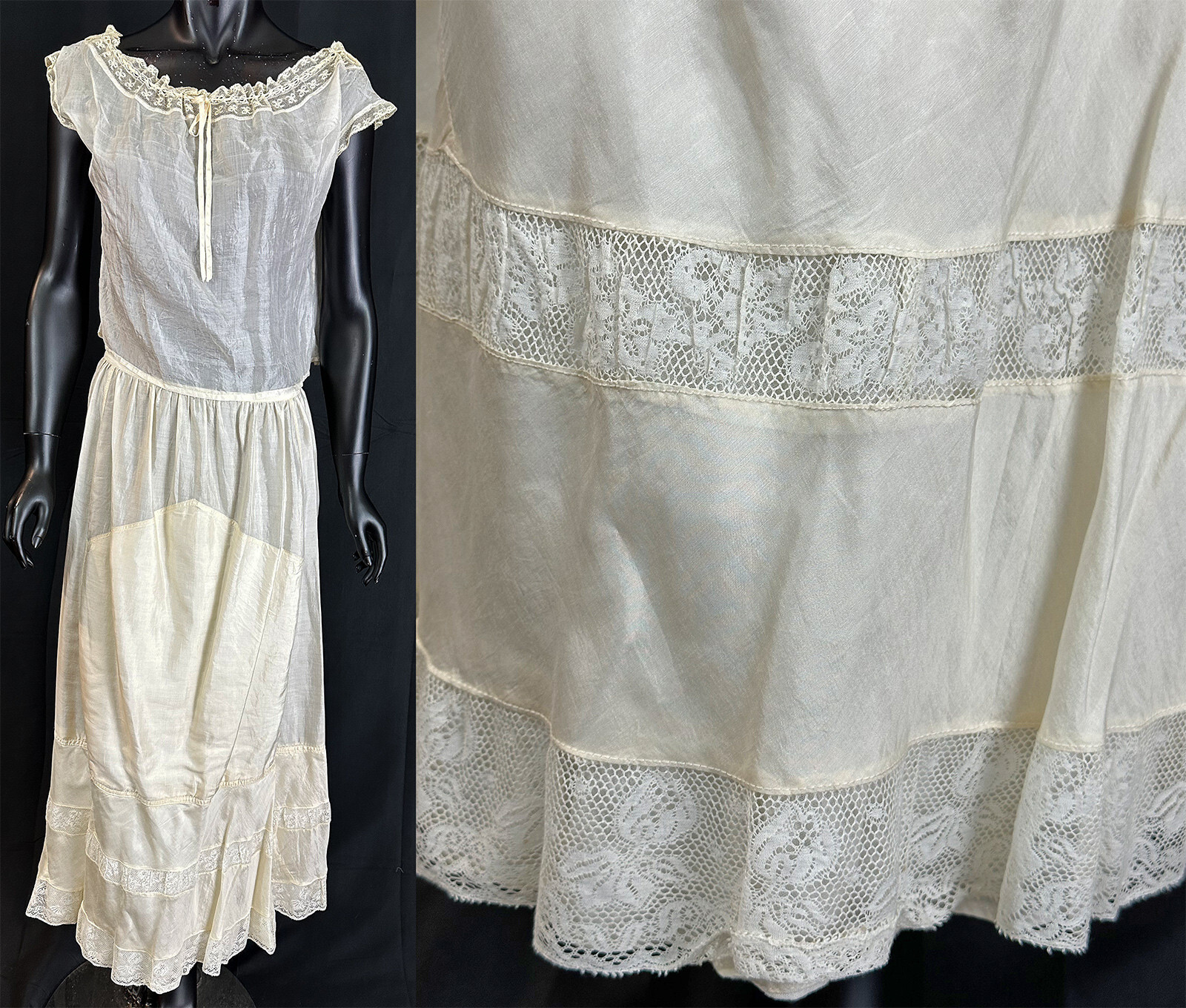 Edwardian Lingerie Ivory Silk Bobbin Lace Trim Camisole Top & Petticoat Skirt