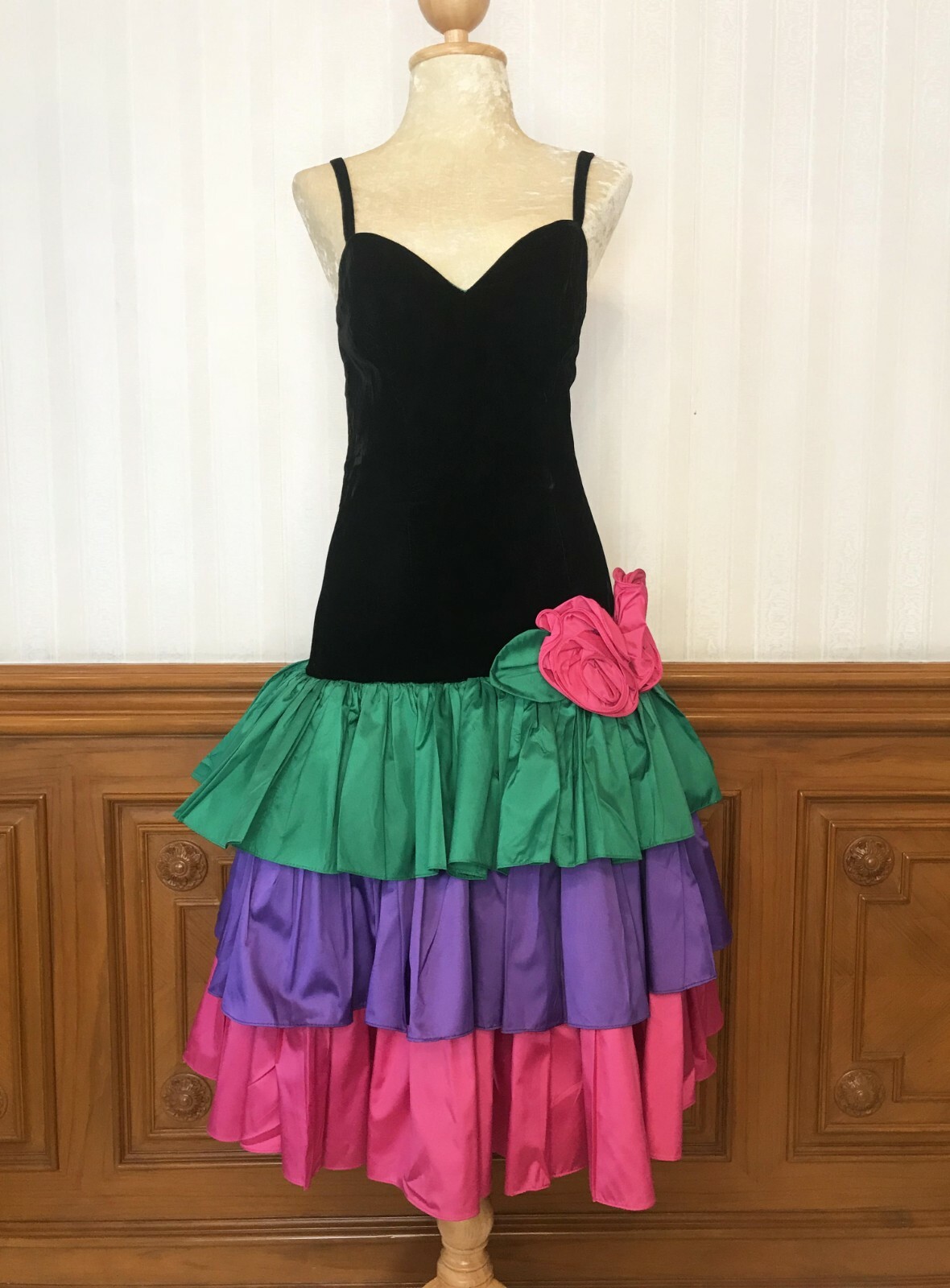 Vintage Alyce Designs Velvet Prom Party Formal Dress Black Tiered Skirt Sz 6 USA