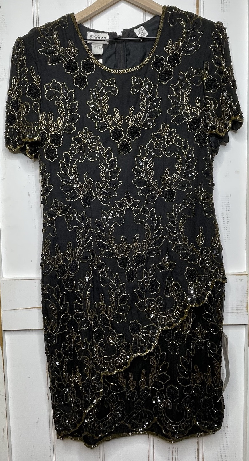 STENAY NWT VTG Black Gold SILK Floral Beaded Sequin Tiered Evening Gown Dress 14