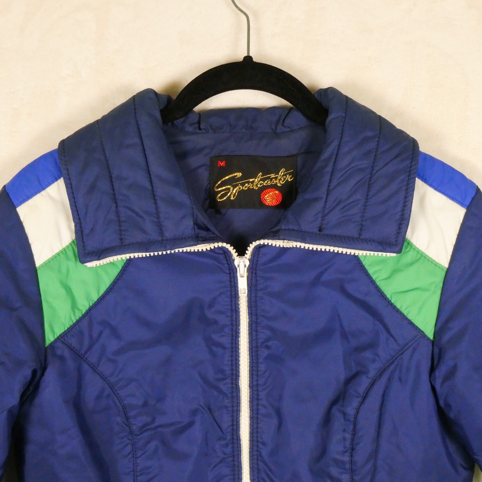 Vintage 80s Sportcaster Stripe Shoulder Snow Jacket Sz M Blue Green White Retro