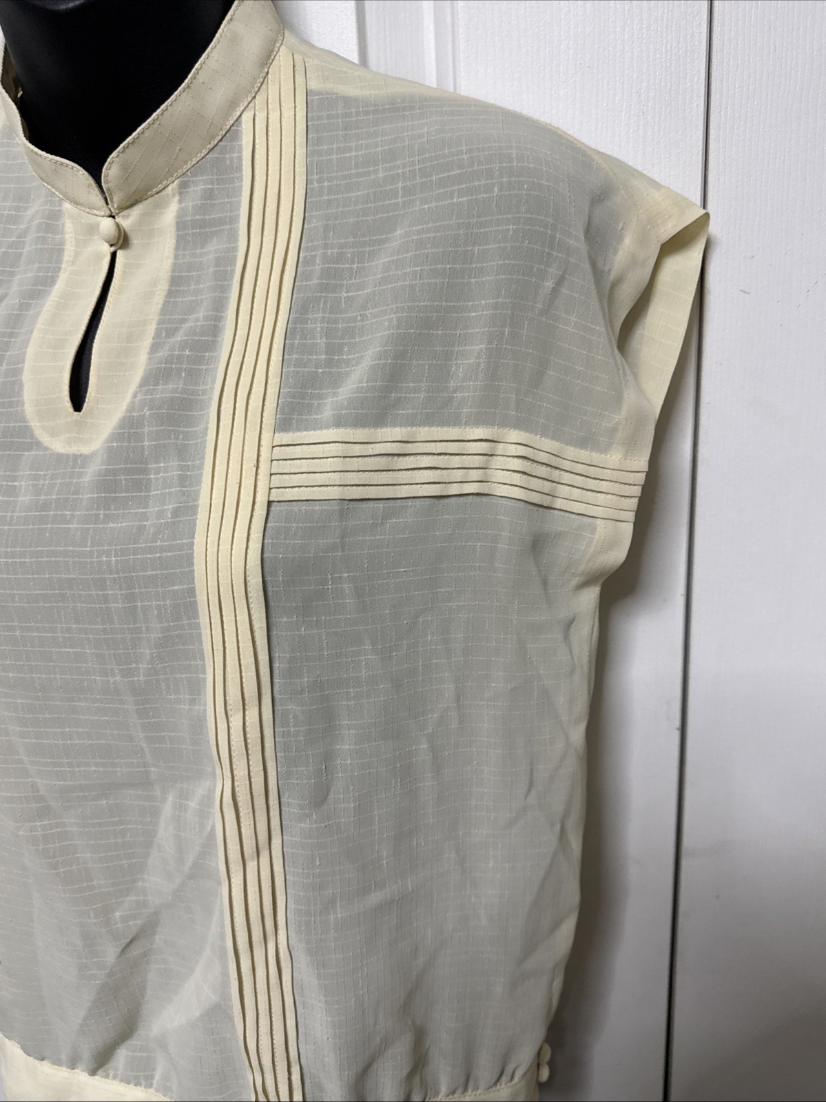 Vintage Hand-Sewn Sheer Blouse Mandarin Collar Floral Motif Artisan Made S/M