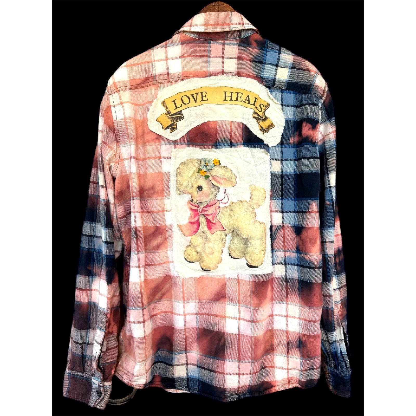 Upcycled Patchwork Flannel Shirt Large | Love Heals Lamb Folk Art