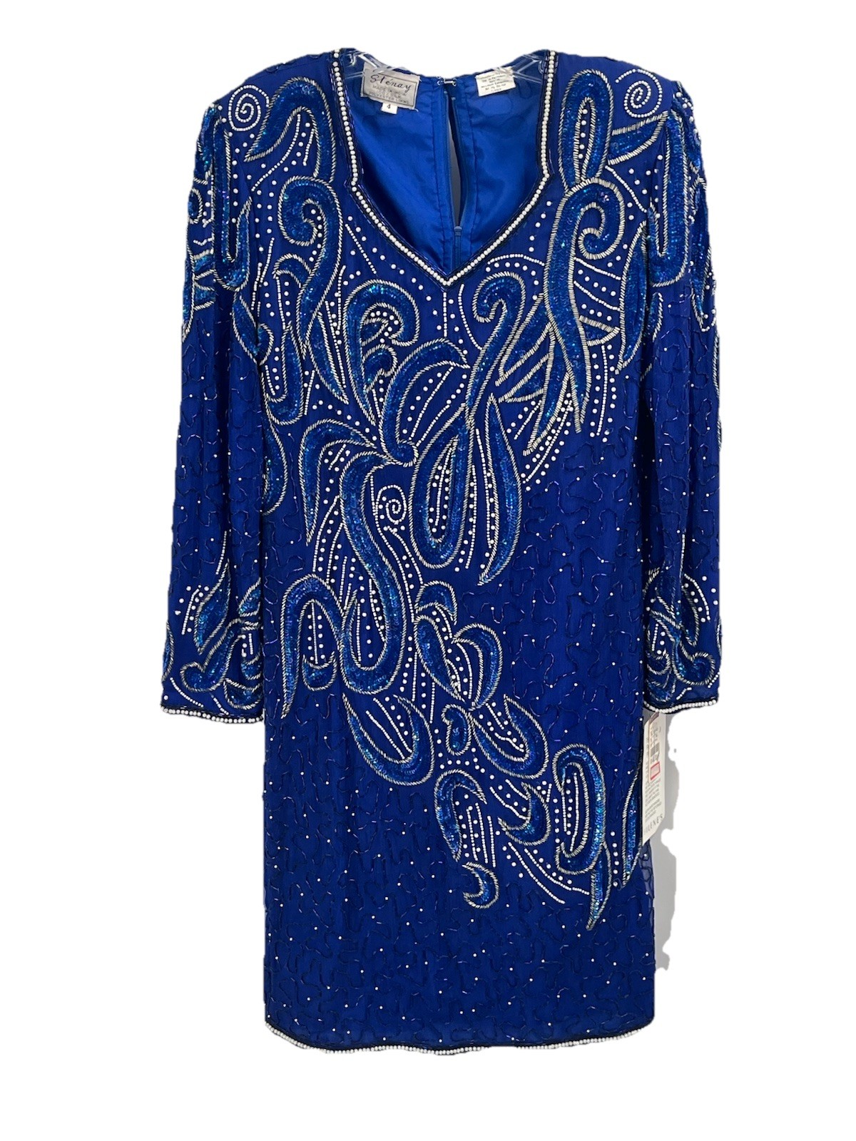 Vintage 80s Stenay Beaded Dress Made In India Silk Sequin Royal Blue Sz 4 NWT