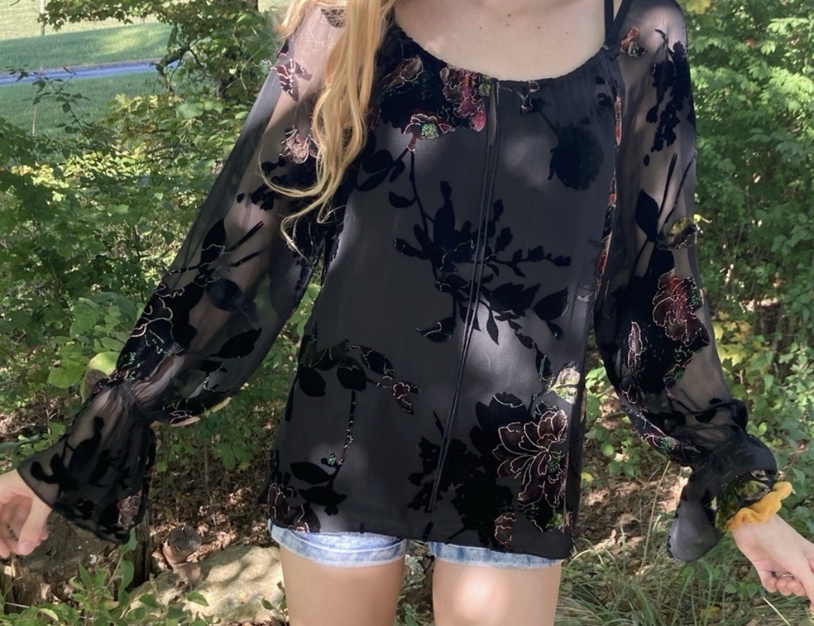 Spenser Jeremy Black Silk, Rayon, and Velvet Flowy Burnout Boho Hippie Blouse
