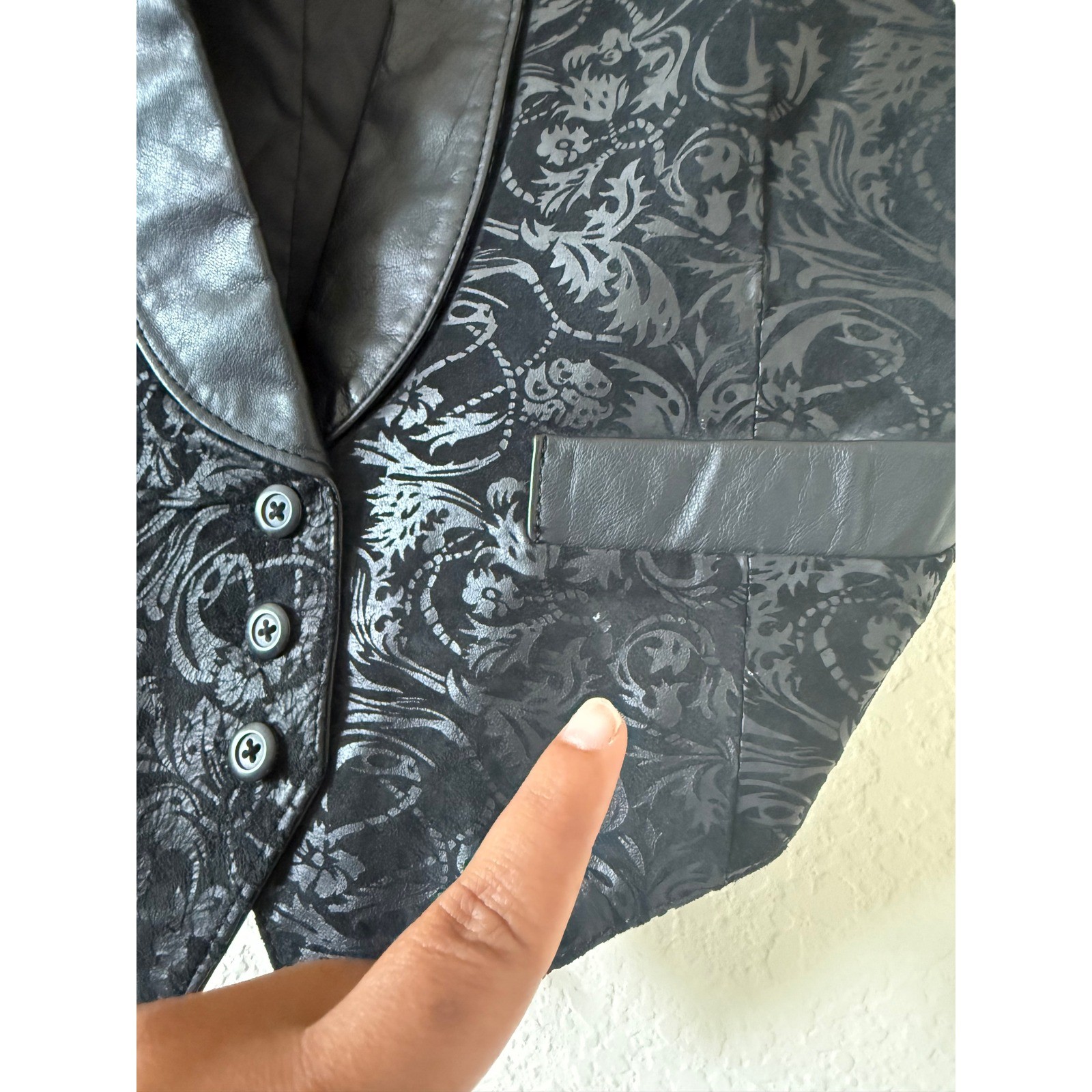 CHIA Vintage Womens Black Leather Brocade Tuxedo Vest Floral Damask Sz S Grunge