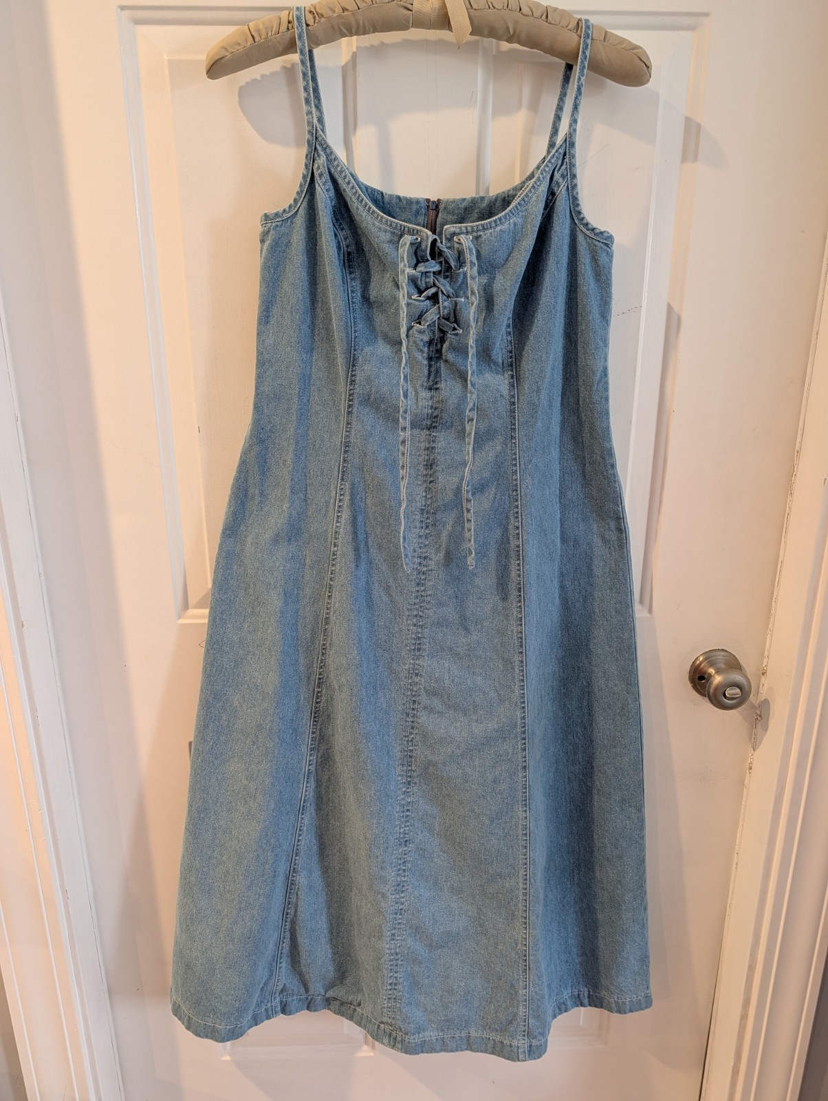 1990s Vintage MODA lNT’L 100% Cotton Denim Dress Sz 8 Drawstring Front Sexy Mom