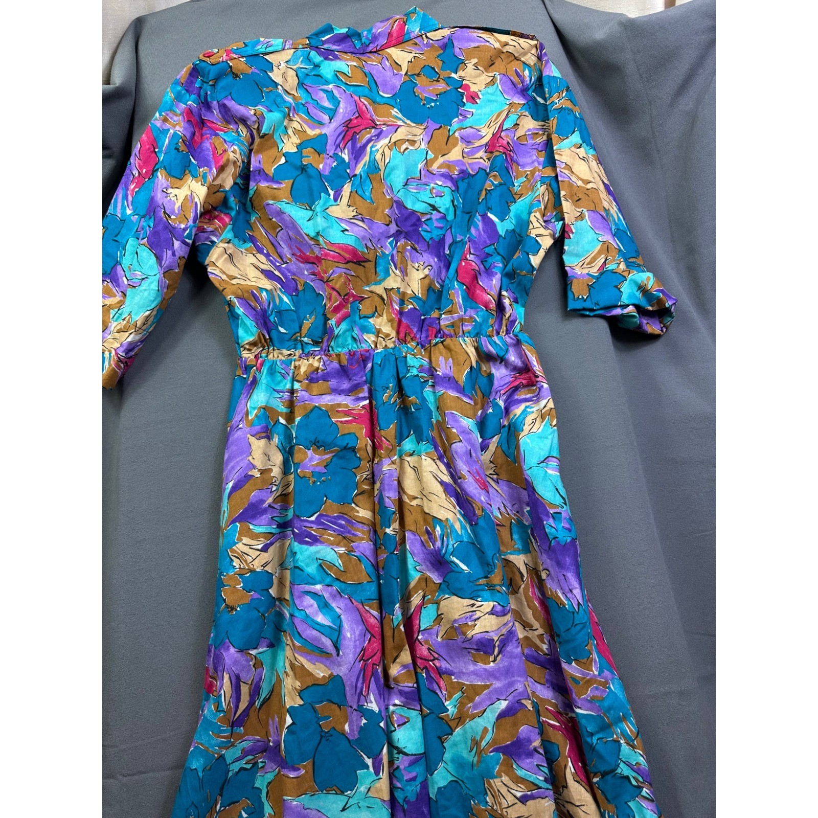 VTG Caliche 80s Abstract Floral Midi Dress Teal Purple Button Front Women 16P
