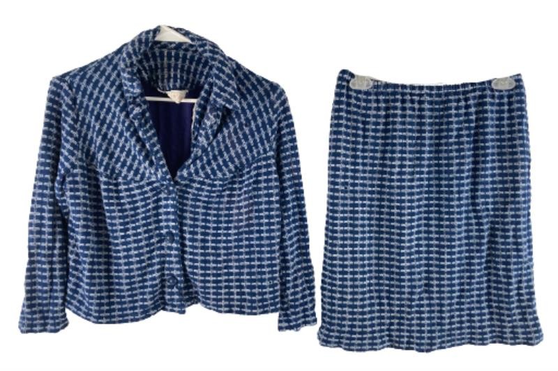 Vtg Carol Brent Blue Geometric 2-Piece Skirt Jacket Set Women’s Size 18.5