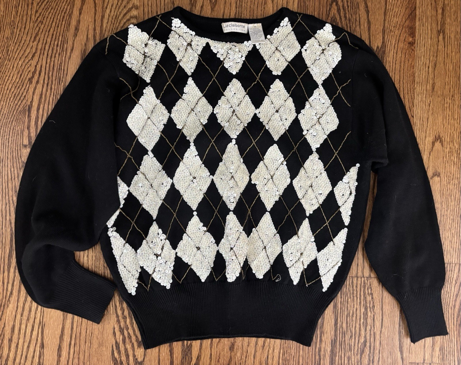 Vintage 1980’s All Over Sequin Trophy Sweater Black White Harlequin Diamond M