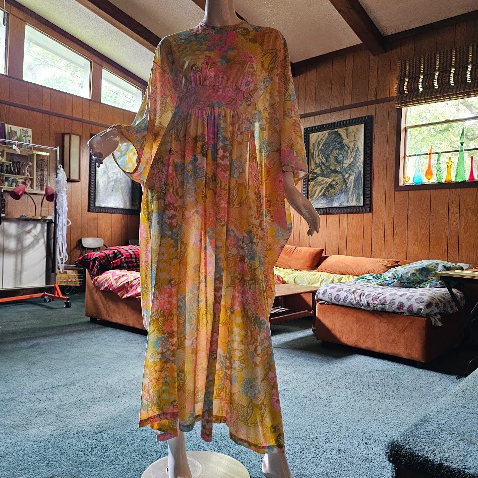 Vtg 60s Psychedelic Cape Sleeve Caftan Mod Hippie Hostess Goddess Gown Dress OS