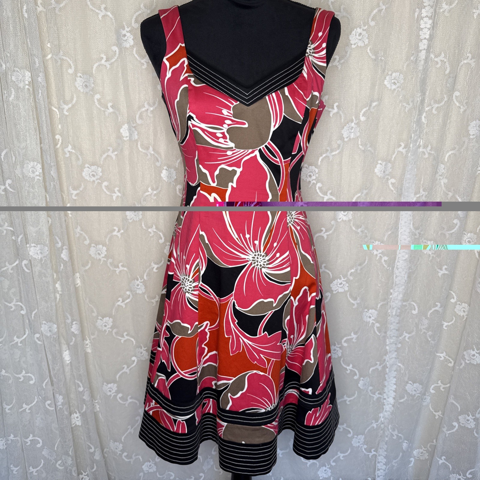 Vintage Nine West Multi Color & Solid Black White Topstitch Fit & Flare Dress 4