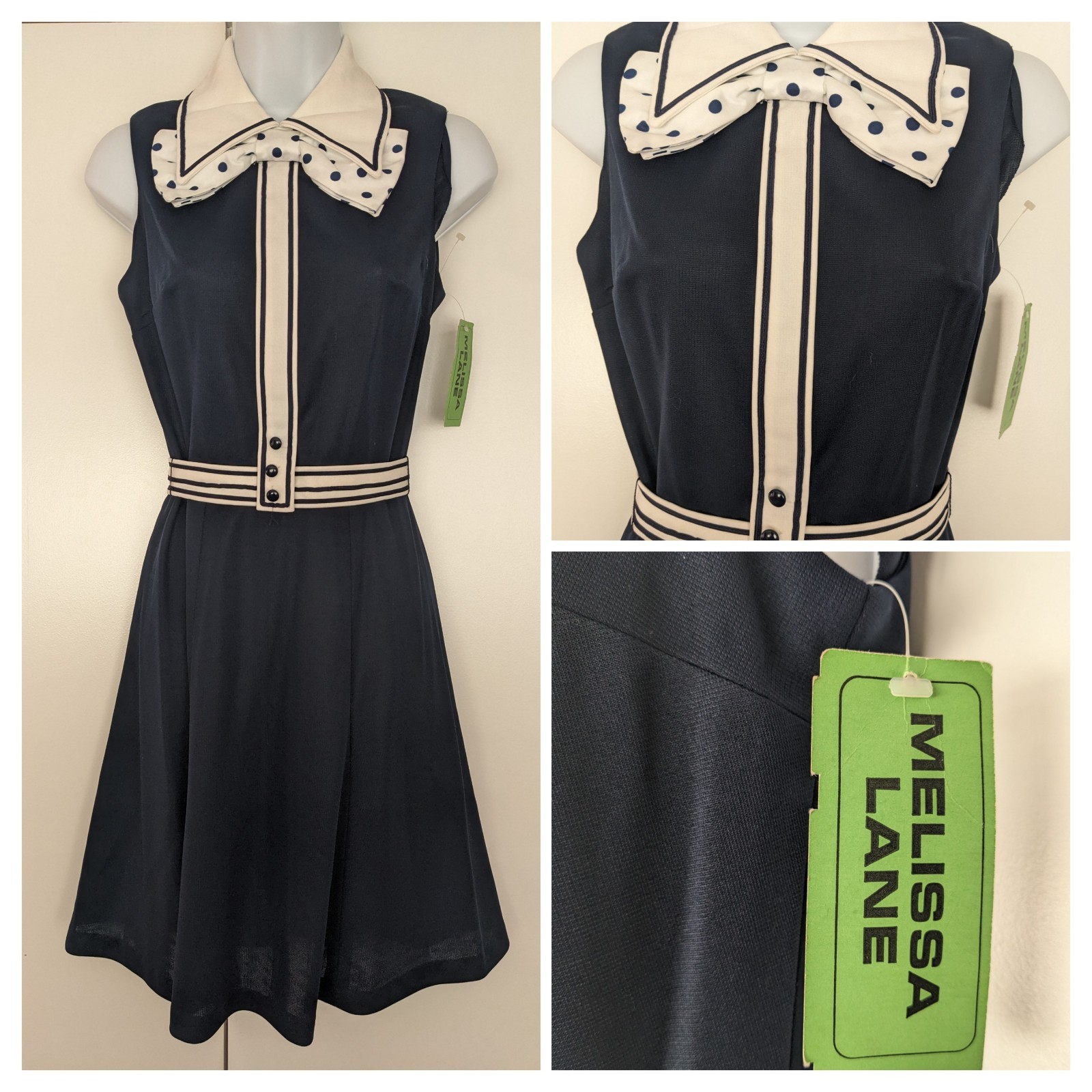 Vintage Melissa Lane 70s 80s collar neck bow secretary school girl navy dress 6