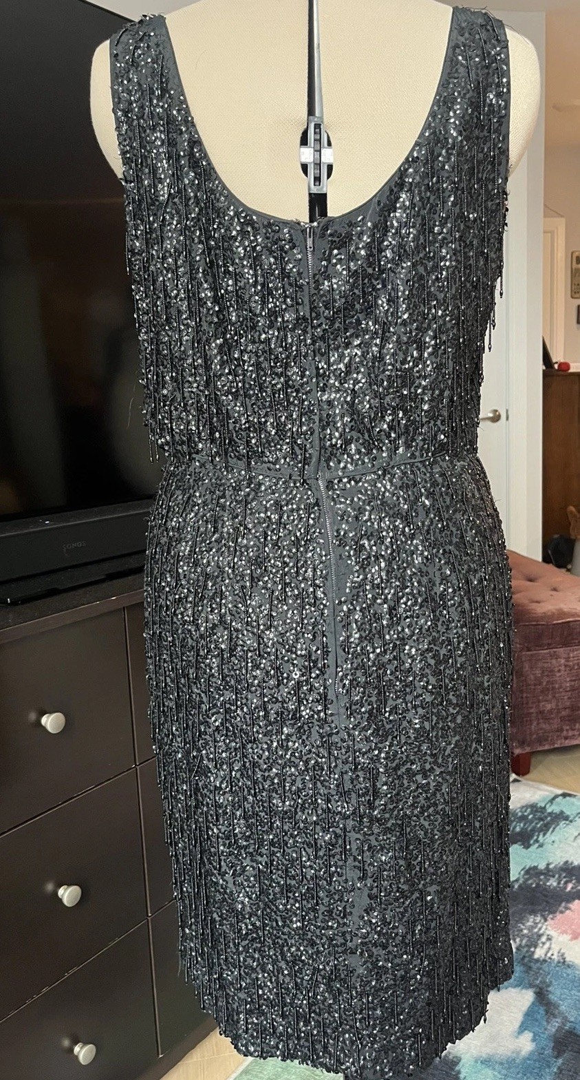 VTG 50s Beaded Fringe Sequin Wiggle Cocktail Dress Size 6-8