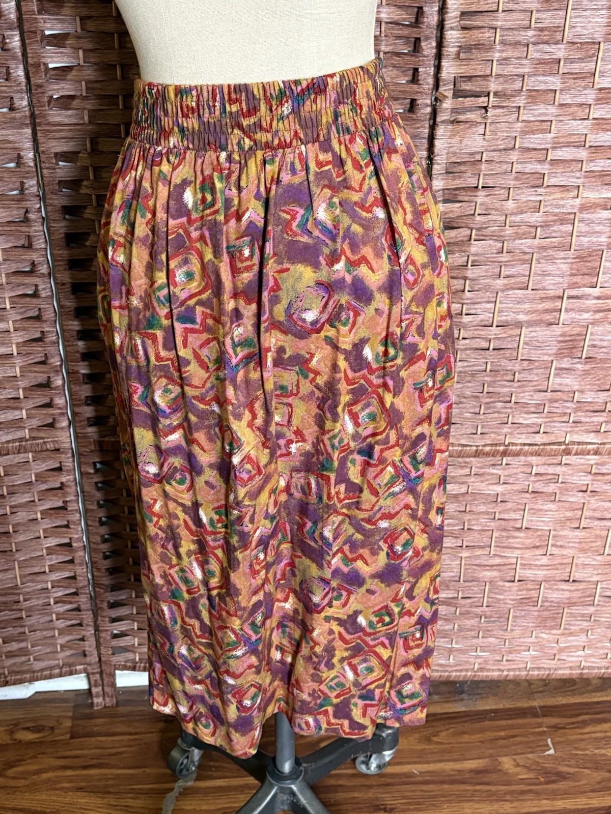 Vintage Aztec Patchwork Southwestern Bohemian Festival Print Midi Skirt Size 12