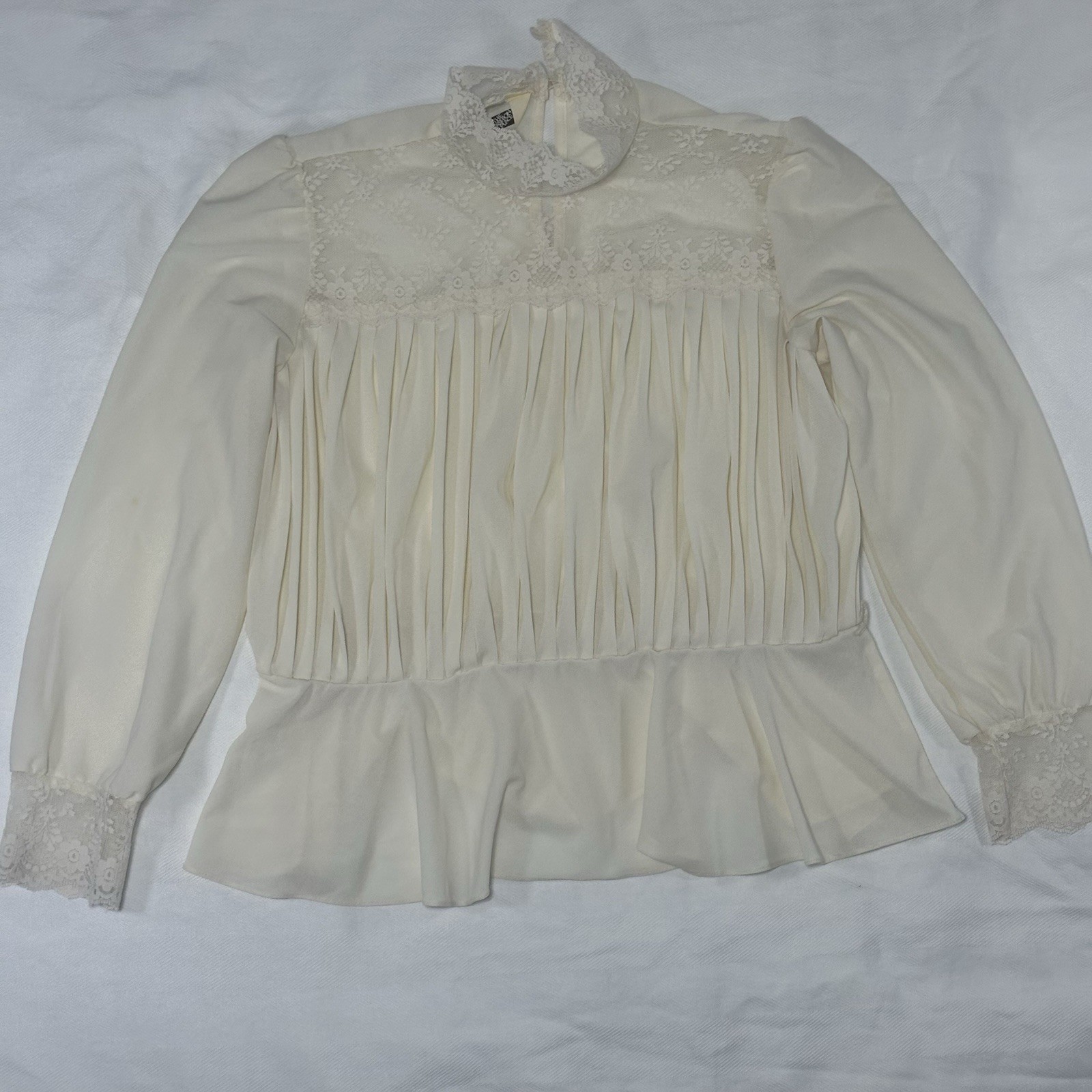 Vintage Victorian-Revival Ivory Blouse High Neck Collar, Lace W/ Pleated Front
