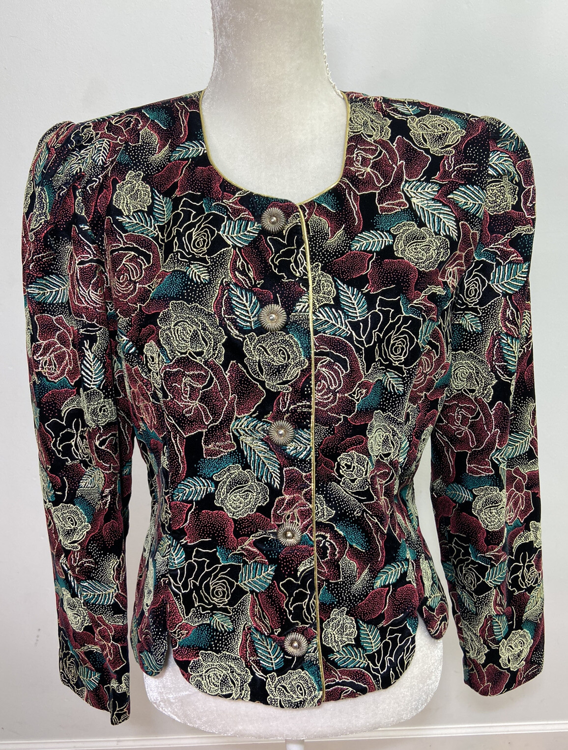 Another Thyme Vintage Multi Color Floral Puffed Sleeve Blazer Size 14 Textured