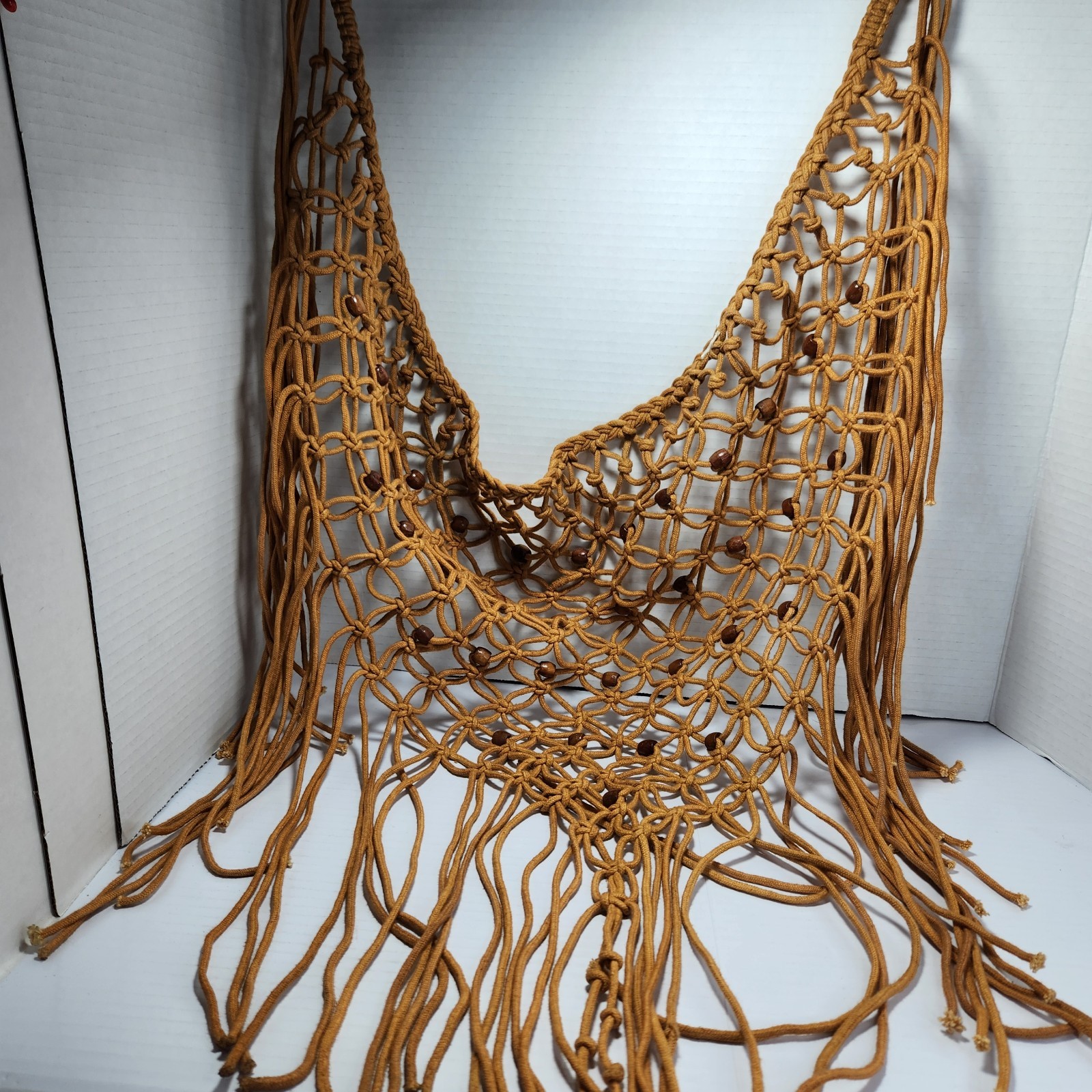 Vintage Boho Macrame Bikini Cover Up Tan Fringe Wood Beads Festival Wear