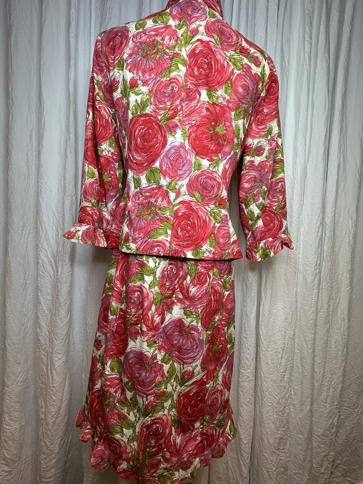 Vtg NOVIELLO-BLOOM Floral SILK 2 pc Ladies Dress Suit w Tank Dress & Jacket Sz 6