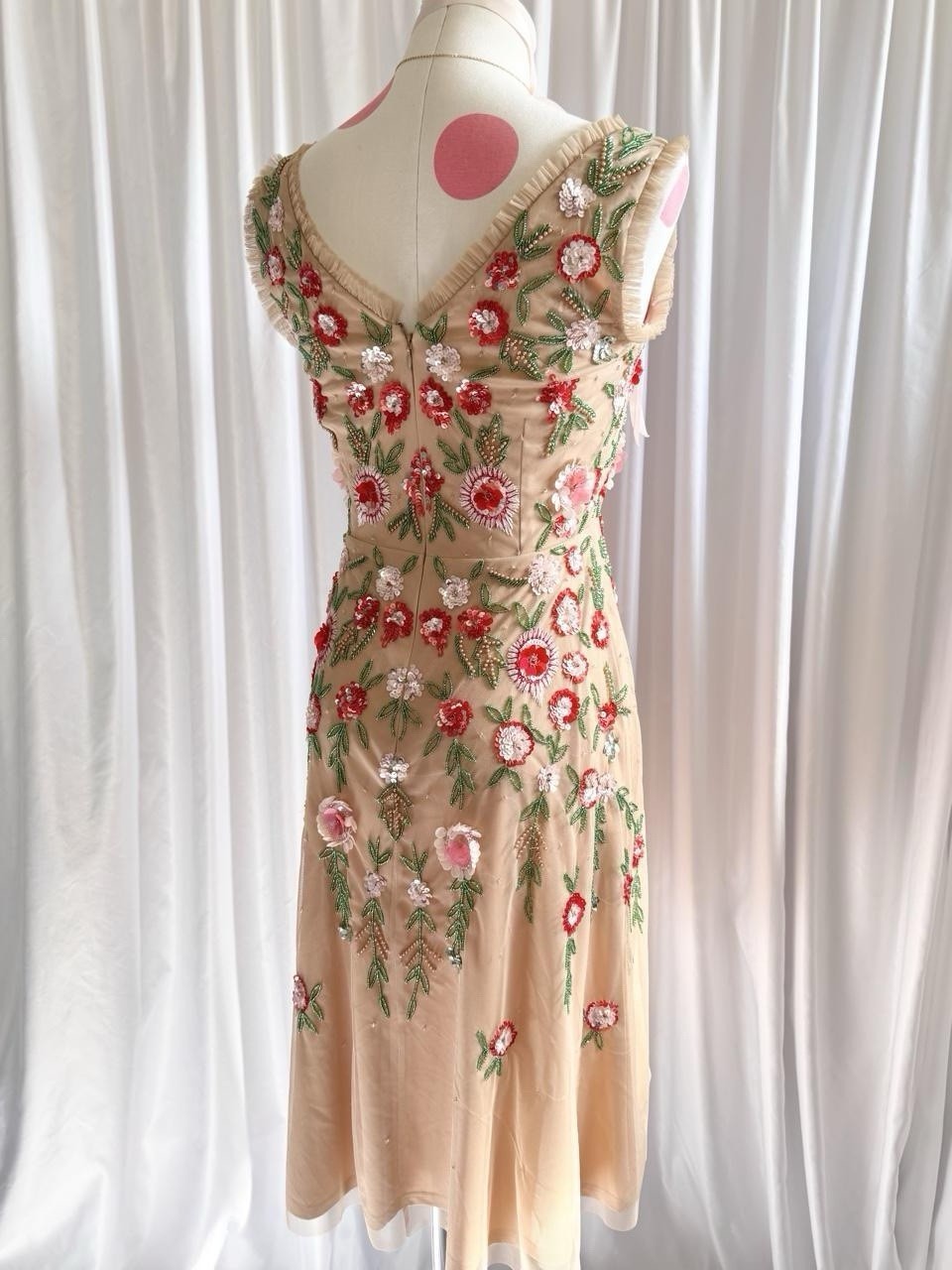 Vintage Y2K Nude Gold Fairy Beaded Sequin Ruffle Mesh Vacation Formal Gown Dress