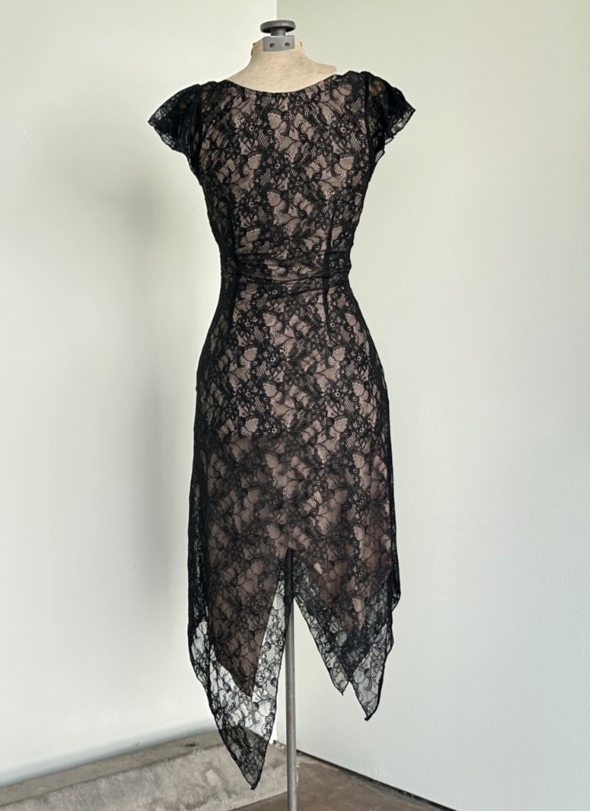 Bebe 90s Black Lace Wrap Dress Size XS xsmall Vintage Asymmetrical Bodycon Dress