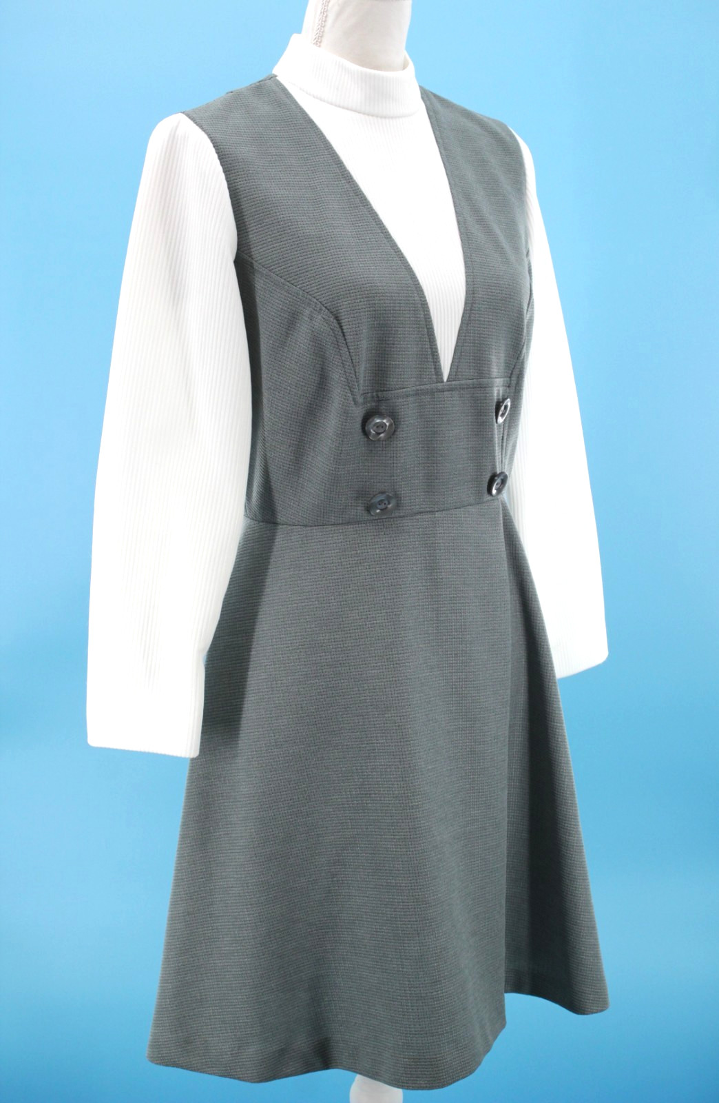 VTG Women’s 60s Gray & White Long Sleeve Pinafore Look Mini Dress S/M 1960s