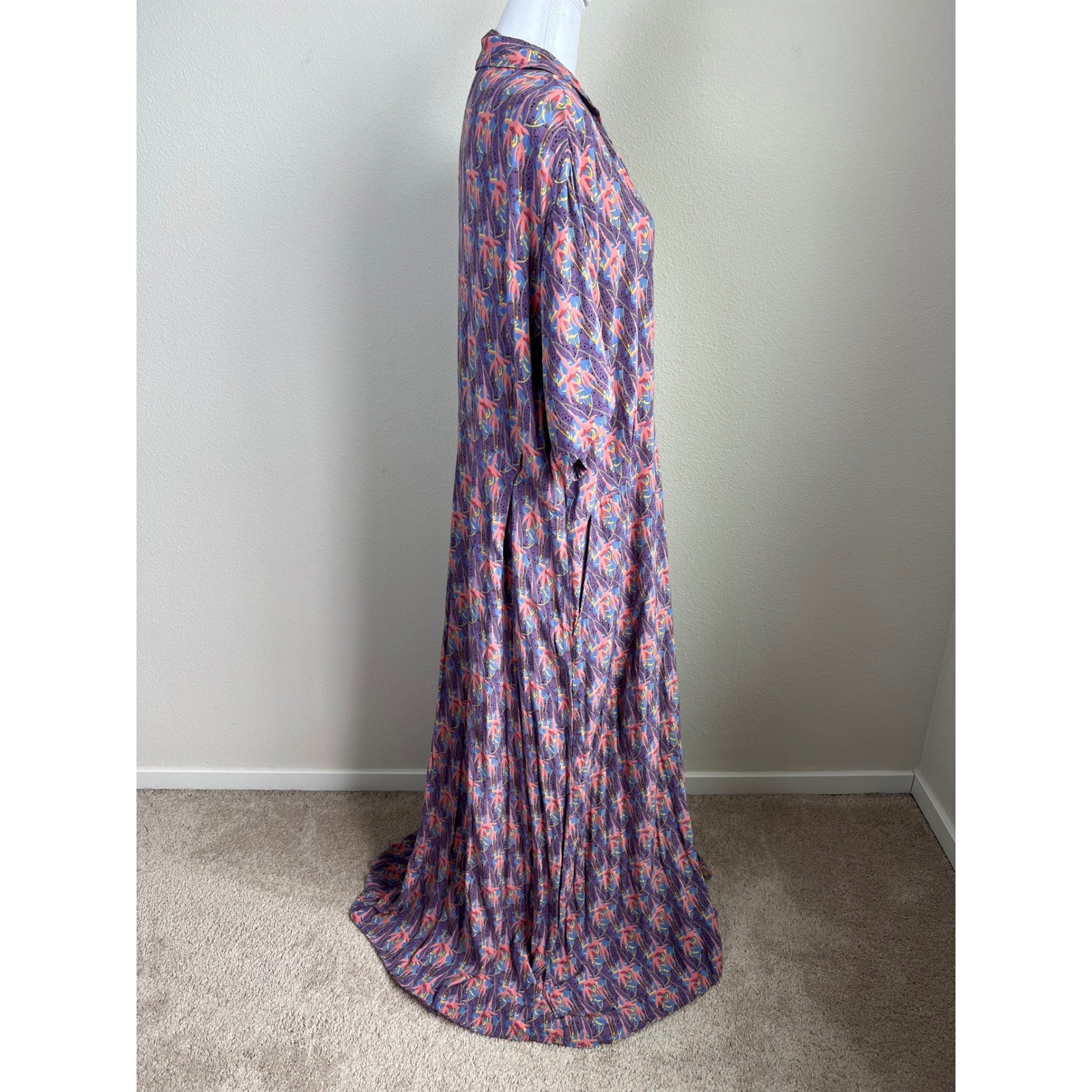 VTG FLAX Jeanne Engelhart 3G Rayon Maxi Dress Artsy Floral Purple Lagenlook 2X
