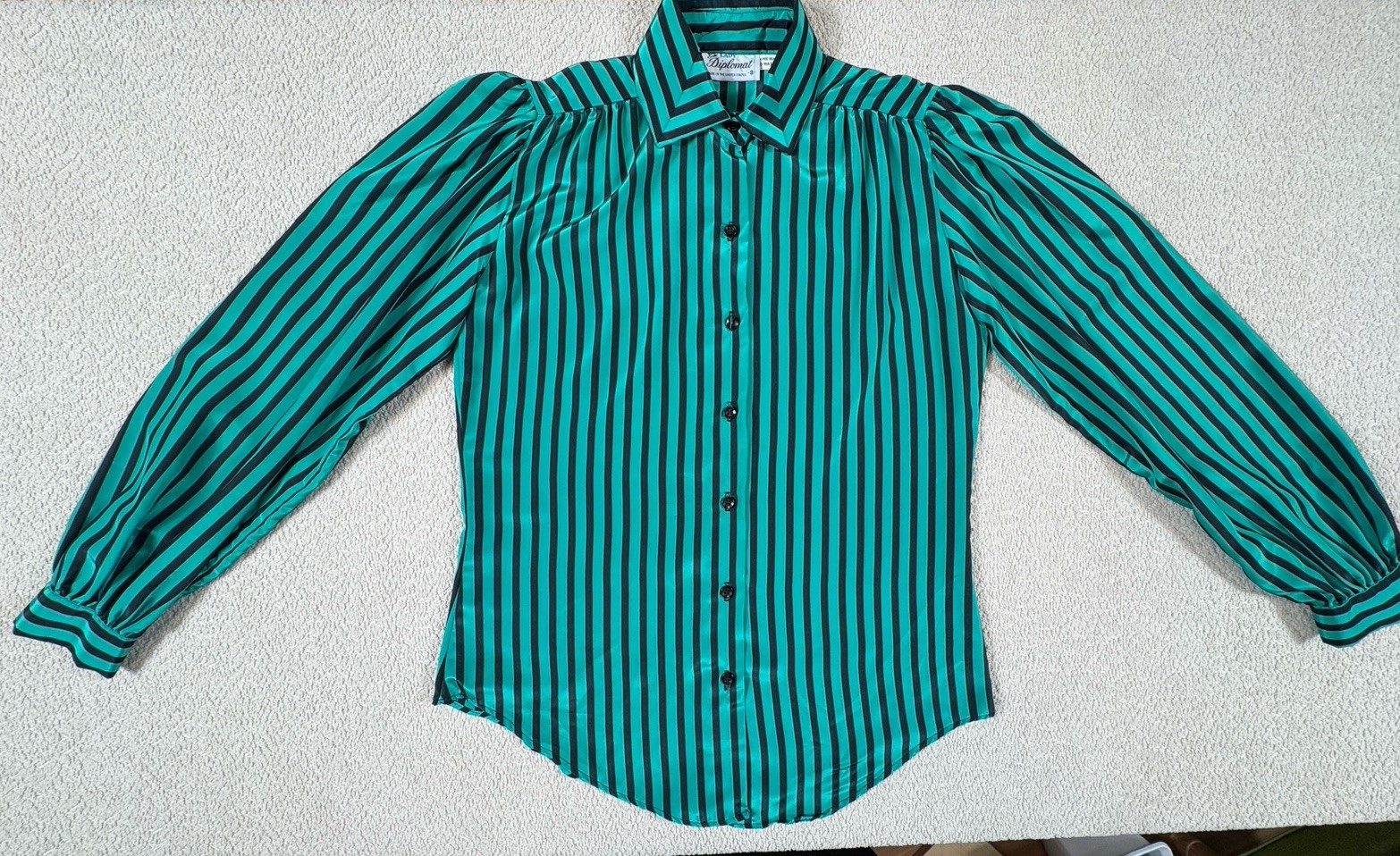Vintage Pussy Bow Scarf Blouse Button Up Women’s 8 Striped Green Made In USA