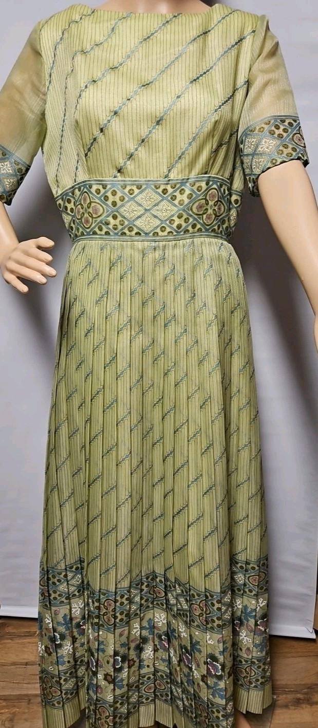 Vtg Alfred Shaheen Maxi Dress 70s Green Pleated Metallic Sheer Sleeve 12
