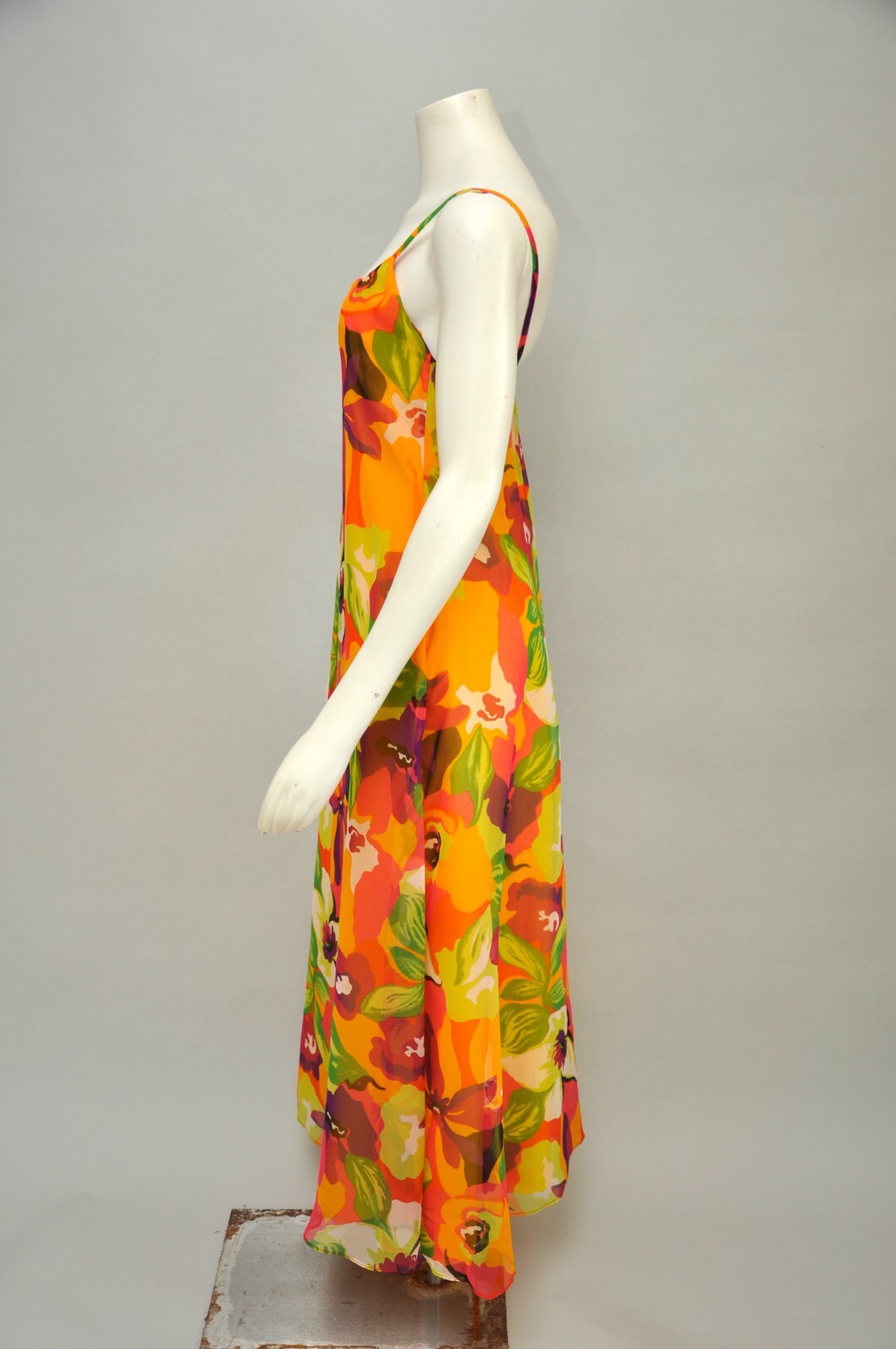 Vintage 1970s LEO NARDUCCI Floral Chiffon Sleeveless Maxi Dress Shirt Boho XS/S