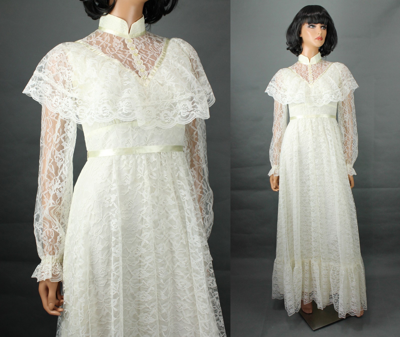 Hippie Wedding Gown XS Vintage 70s High Collar Ivory Off White Lace Cape Dress