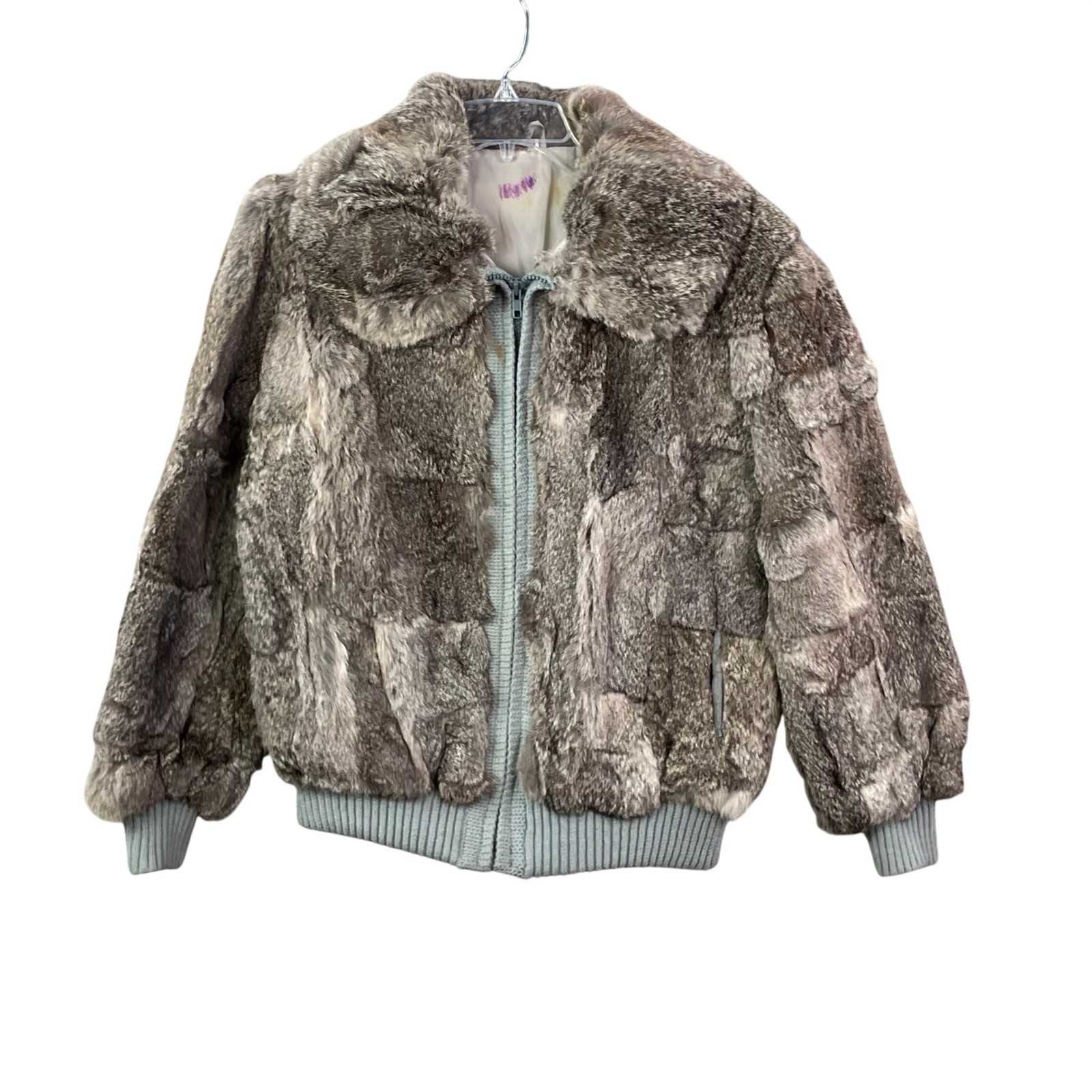 Vintage Rabbit Fur Bomber Jacket Womens M Grey Brown Patchwork Zip Up Coat