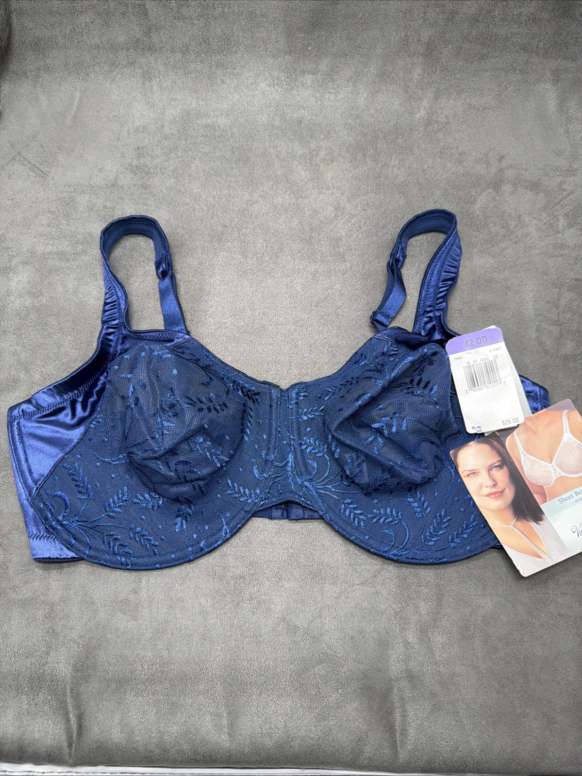 Vintage Vanity Fair Sheer Botanical 75091 Underwire Lace Bra Navy Size 42DD