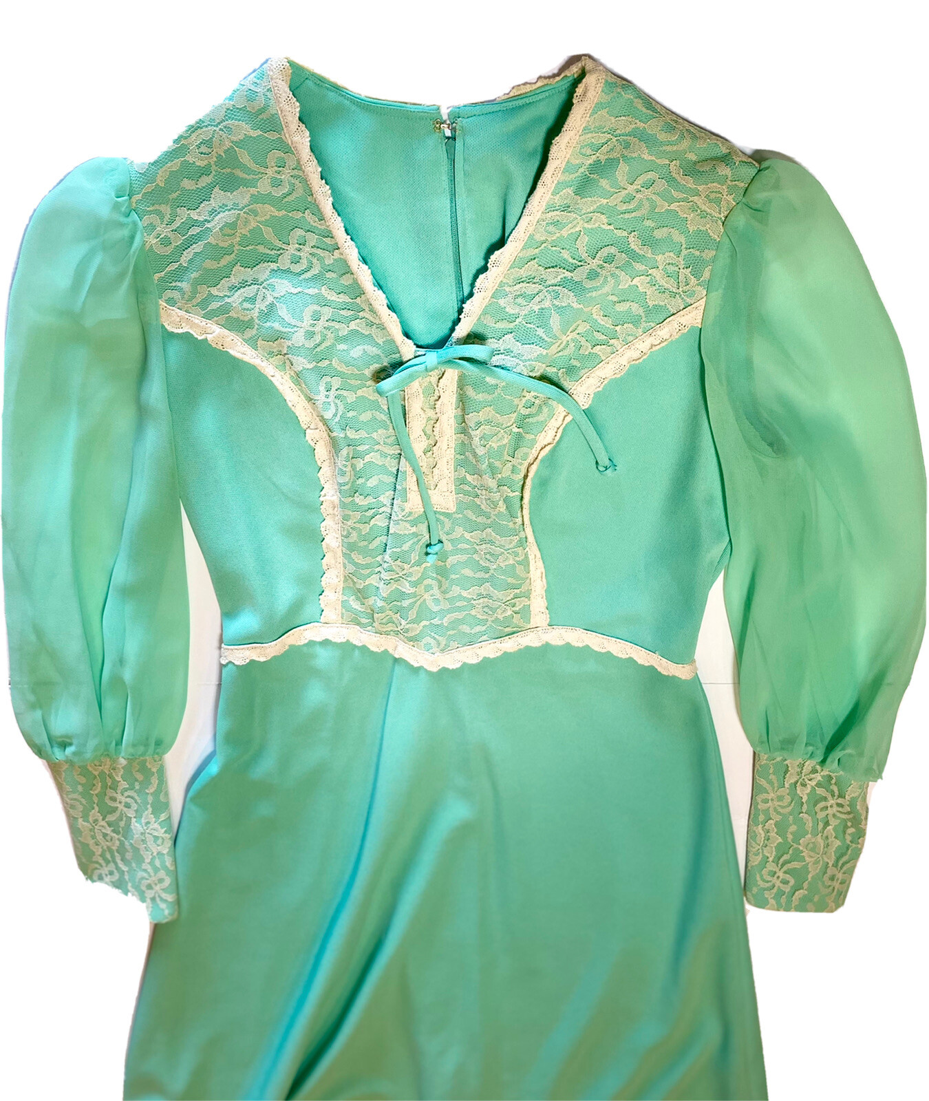 Vintage 1960s Maxi Dress Polyester Lace Long Sleeves Mint Green Alden’s Fashions