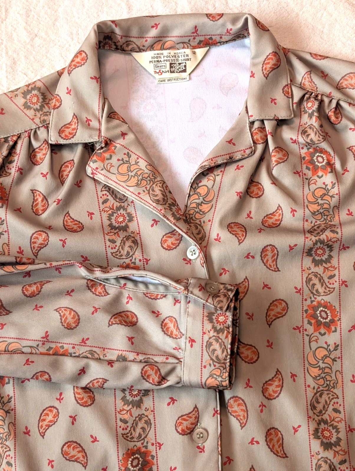 Sears Vintage Floral Paisley Women’s 70s Hippy Boho PolyKnit Button Up Size 12