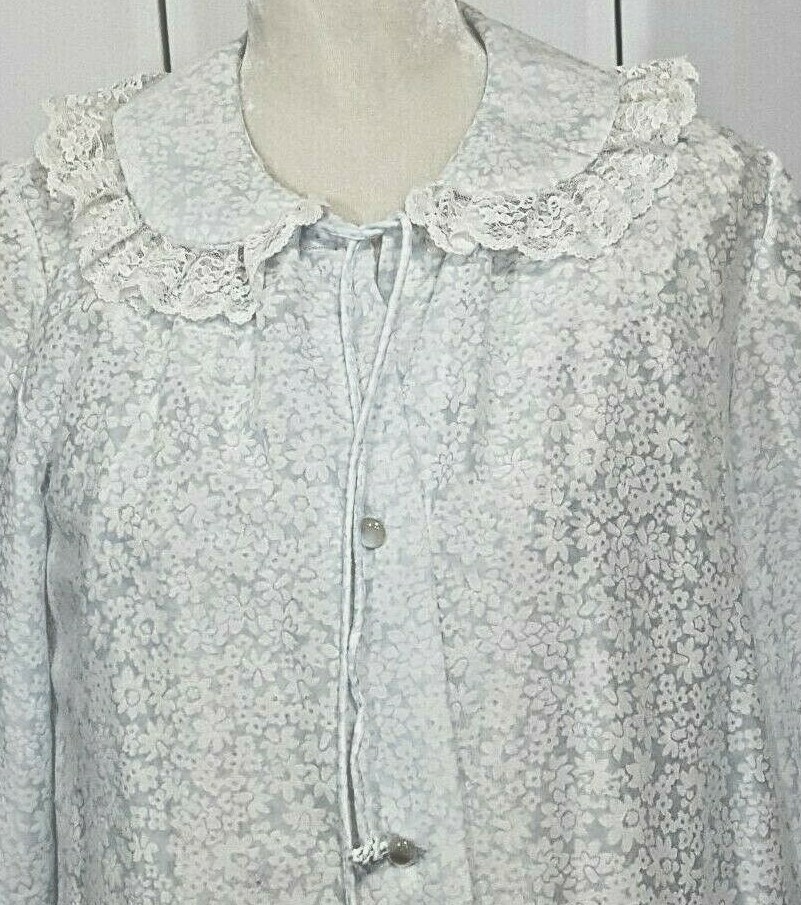 ARIEL Venus Barsa Robe & Nightgown S Blue White Floral Long Lace Trim Vintage
