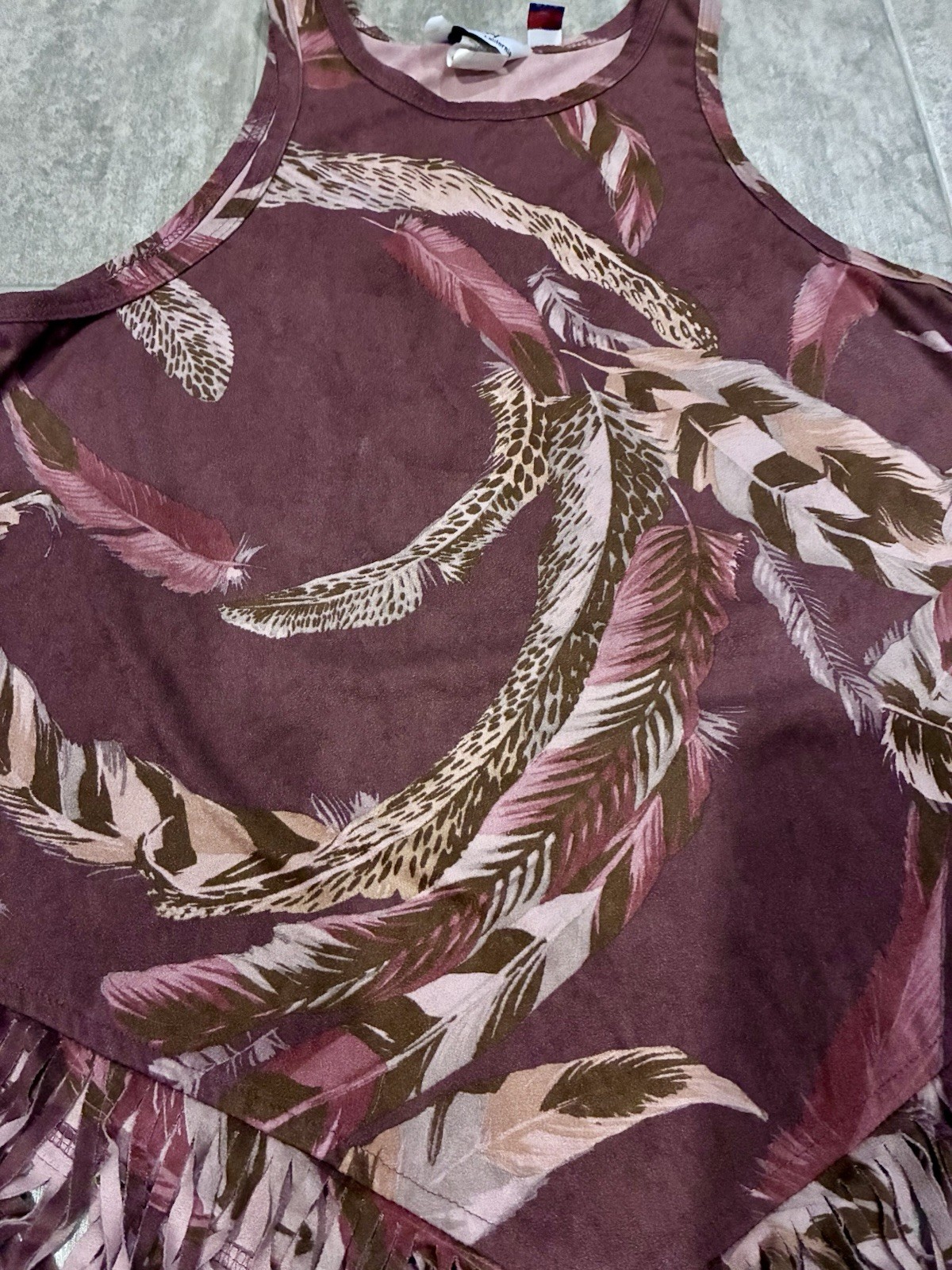 Jody California Fringe Feather Swirls Y2K Boho Faux Suede tank Top Small spring